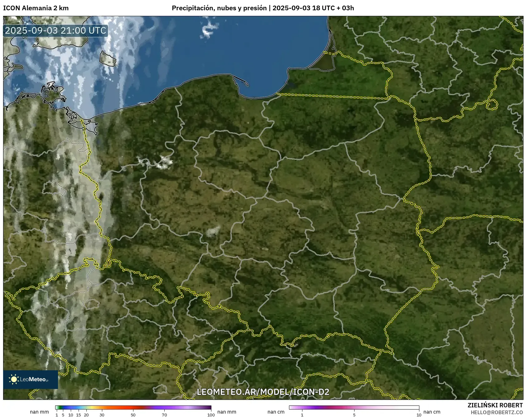 ICON Alemania 2 km model - Polonia, Precipitación, nubes y presión ICON Alemania 2 km model - Polonia, Precipitación, nubes y presión