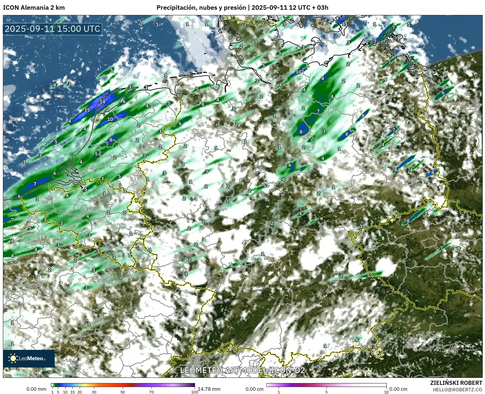 ICON Alemania 2 km model - Alemania, Precipitación, nubes y presión