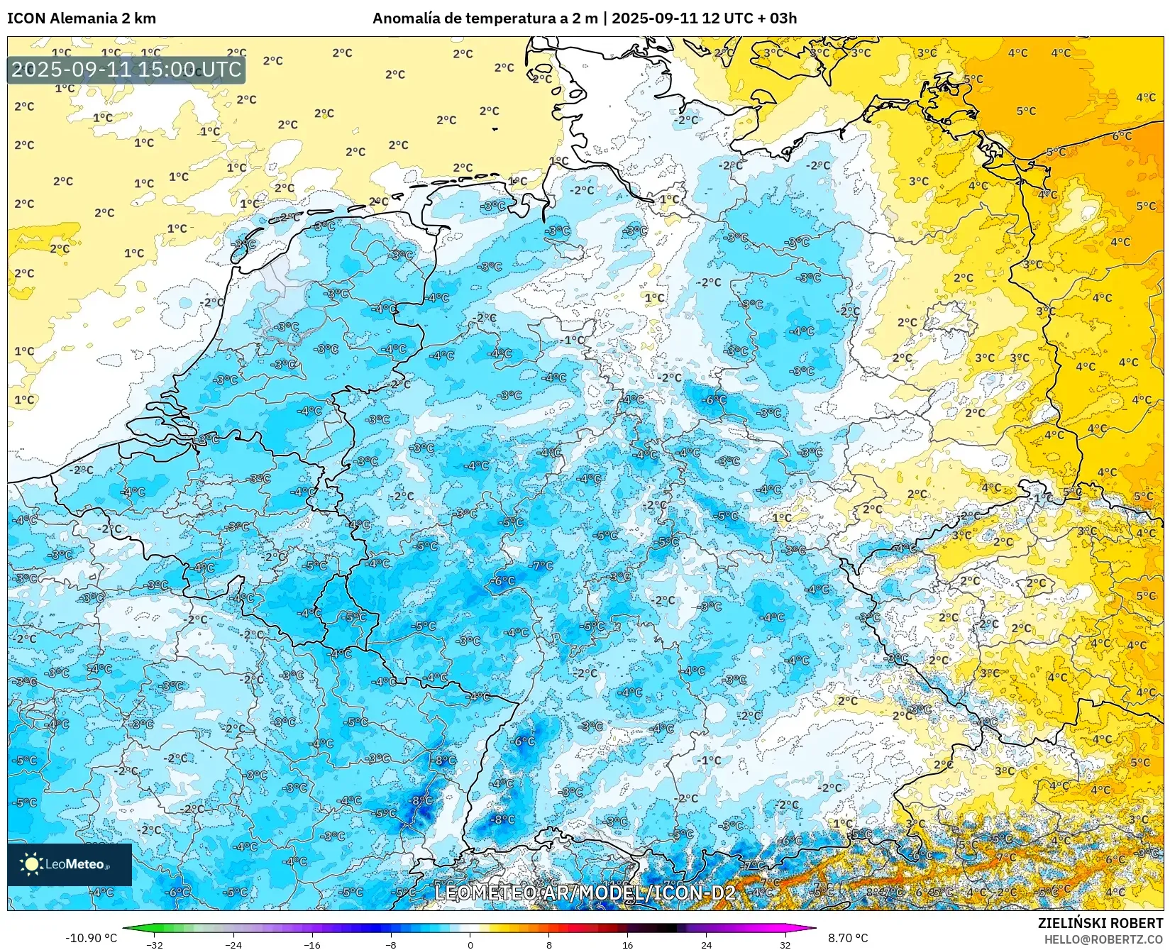 ICON Alemania 2 km model - Alemania, Anomalía de temperatura a 2 m