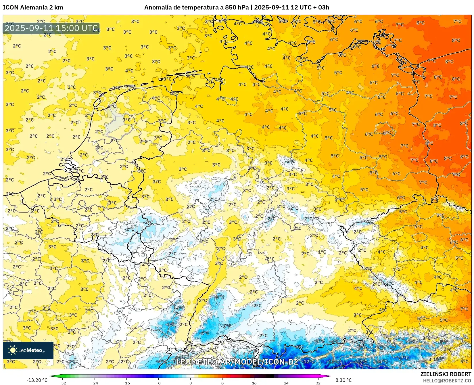 ICON Alemania 2 km model - Alemania, Anomalía de temperatura a 850 hPa