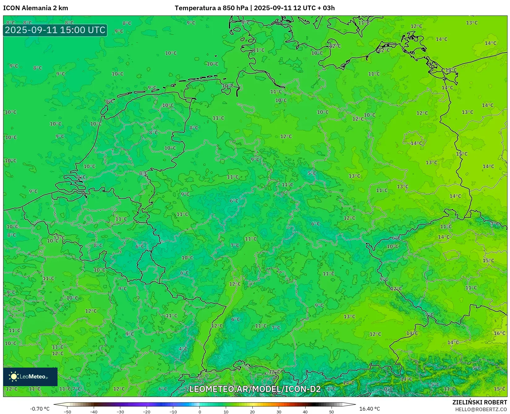 ICON Alemania 2 km model - Alemania, Temperatura a 850 hPa