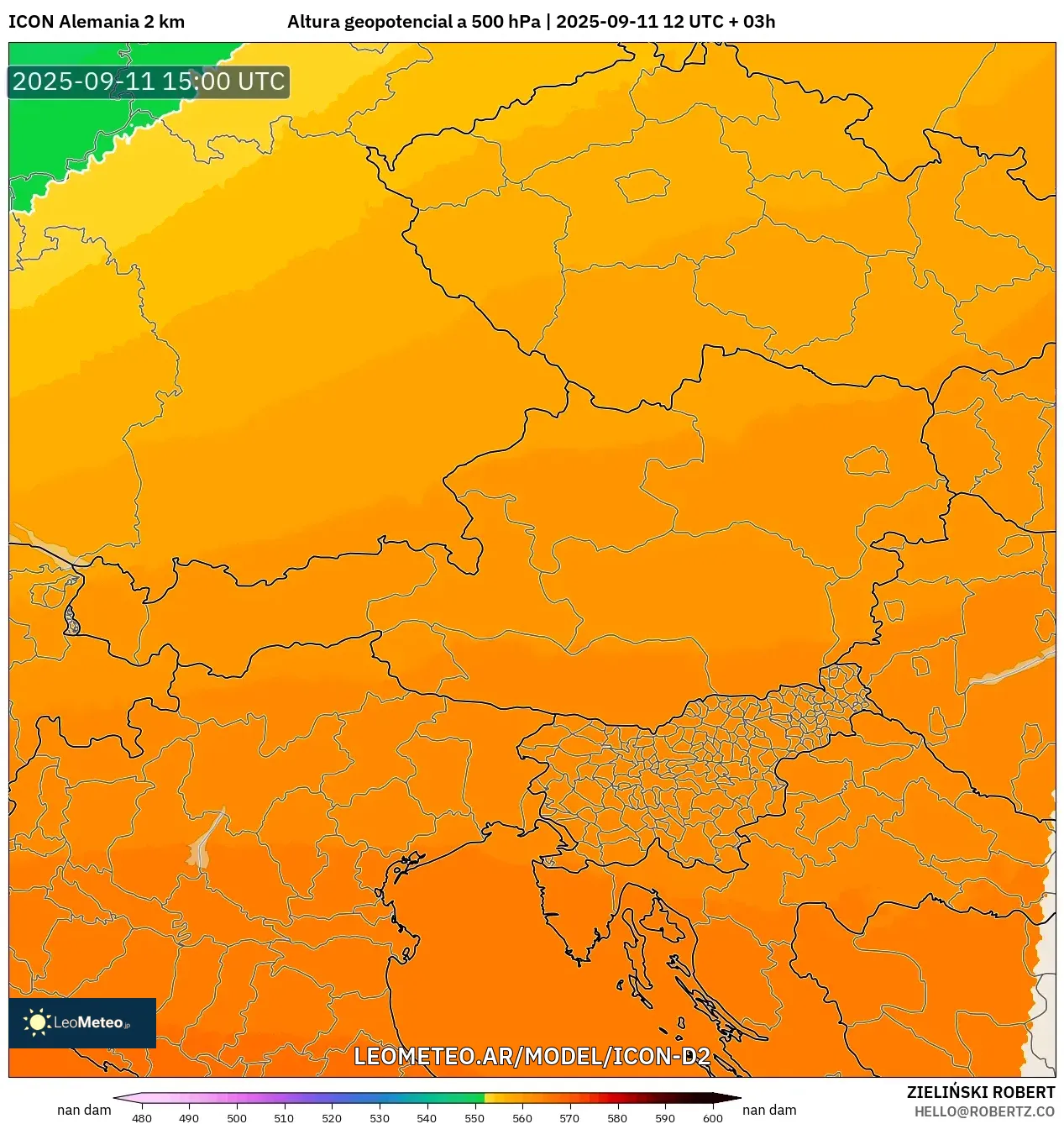 ICON Alemania 2 km model - Austria, Altura geopotencial a 500 hPa