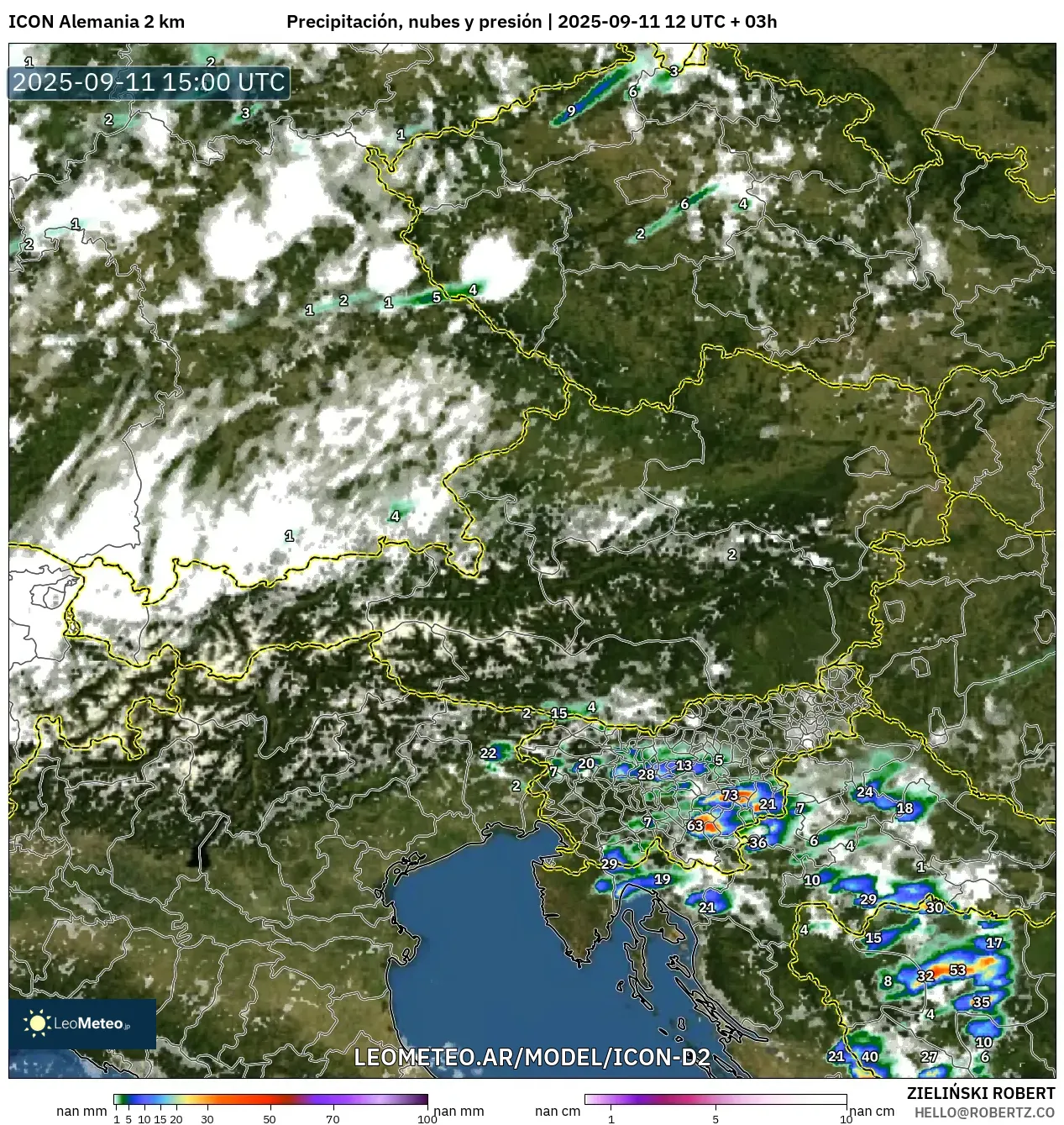 ICON Alemania 2 km model - Austria, Precipitación, nubes y presión