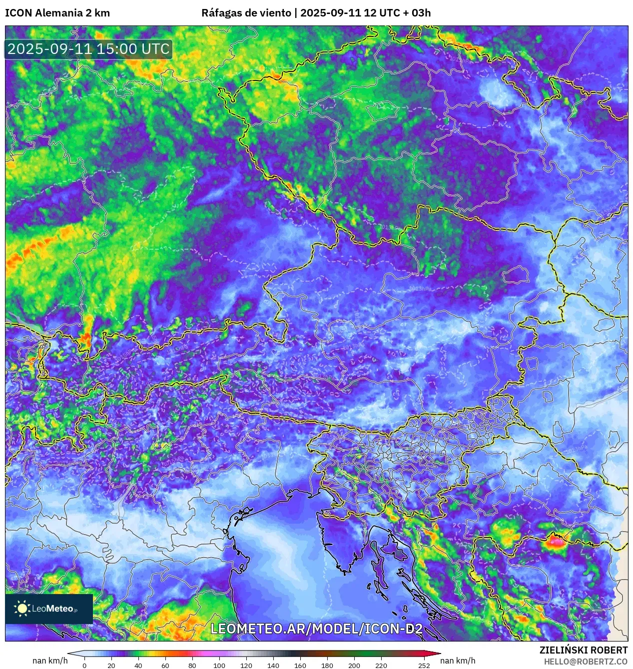 ICON Alemania 2 km model - Austria, Ráfagas de viento ICON Alemania 2 km model - Austria, Ráfagas de viento