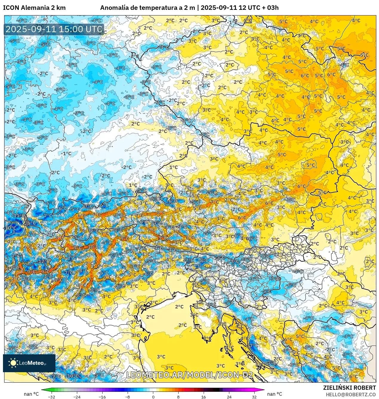 ICON Alemania 2 km model - Austria, Anomalía de temperatura a 2 m