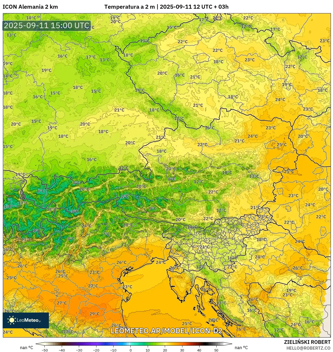 ICON Alemania 2 km model - Austria, Temperatura a 2 m