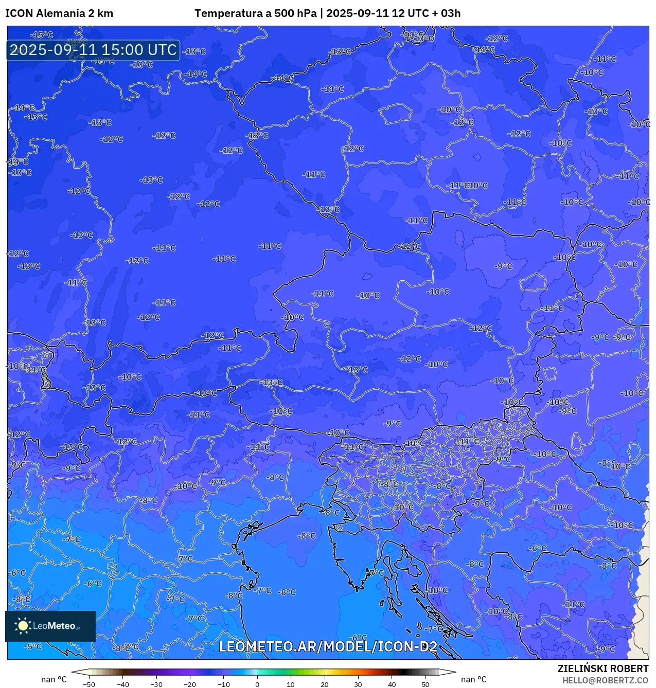 ICON Alemania 2 km model - Austria, Temperatura a 500 hPa