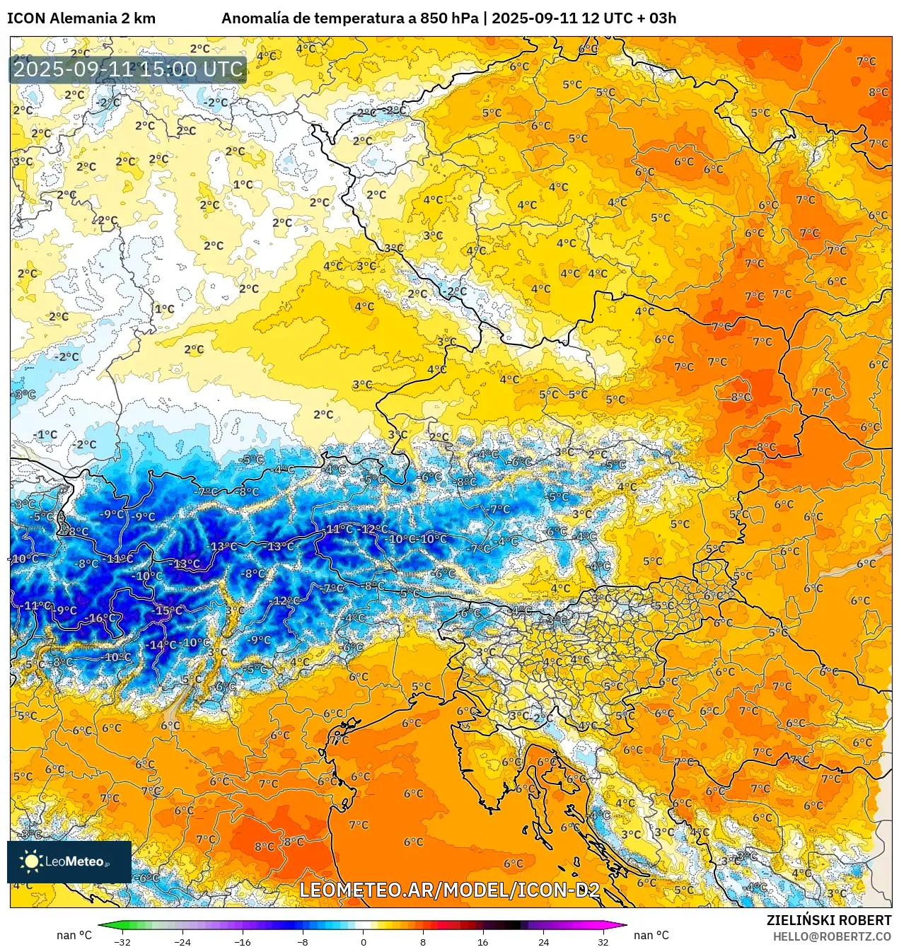ICON Alemania 2 km model - Austria, Anomalía de temperatura a 850 hPa