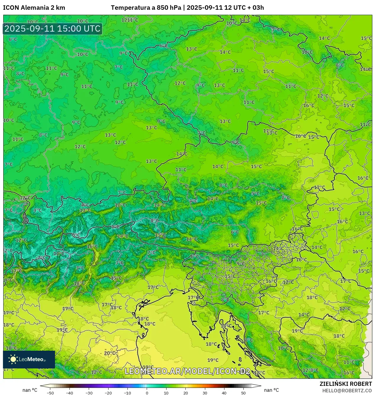 ICON Alemania 2 km model - Austria, Temperatura a 850 hPa