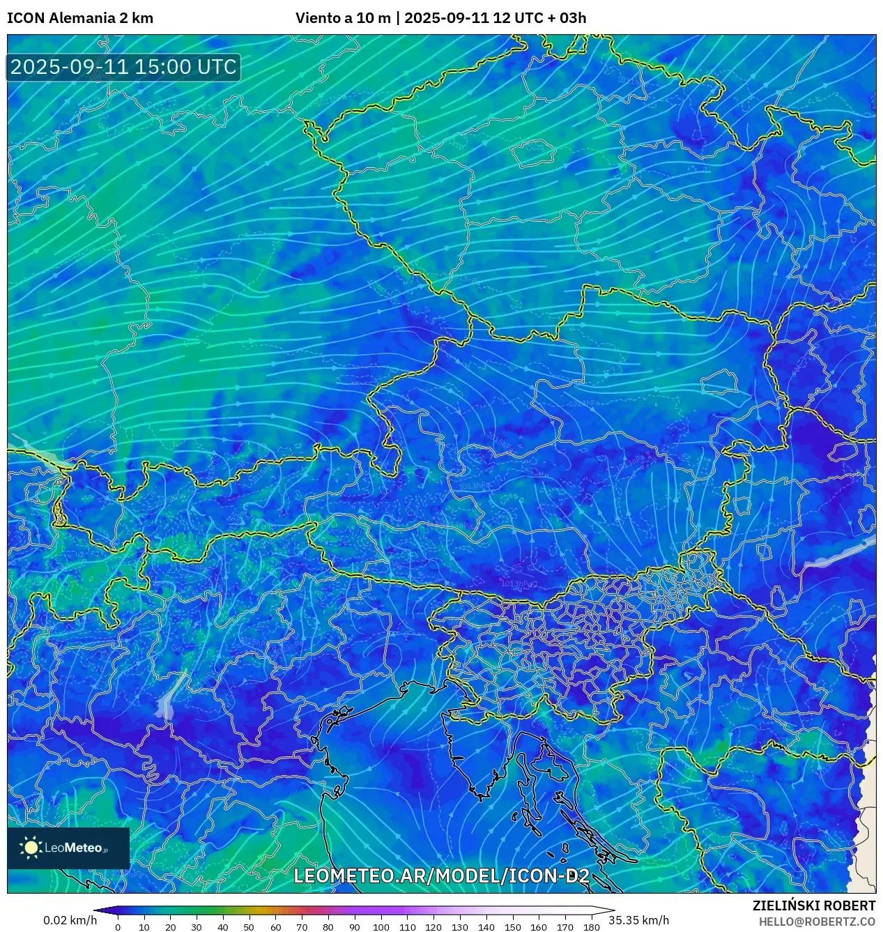 ICON Alemania 2 km model - Austria, Viento a 10 m