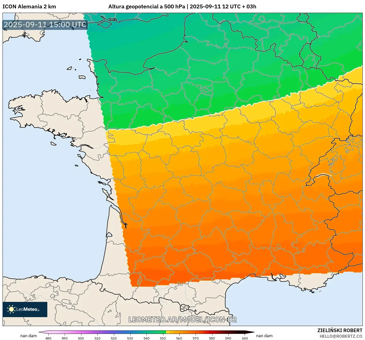 ICON Alemania 2 km model - Francia, Altura geopotencial a 500 hPa
