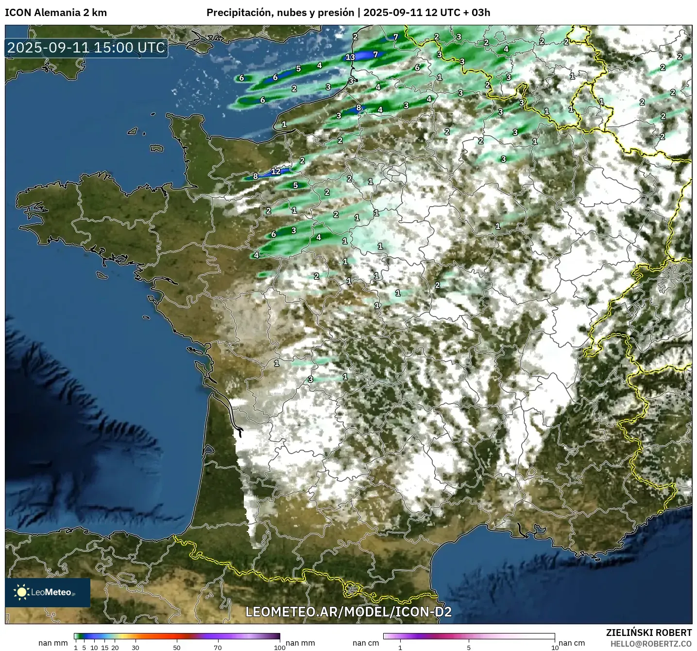 ICON Alemania 2 km model - Francia, Precipitación, nubes y presión