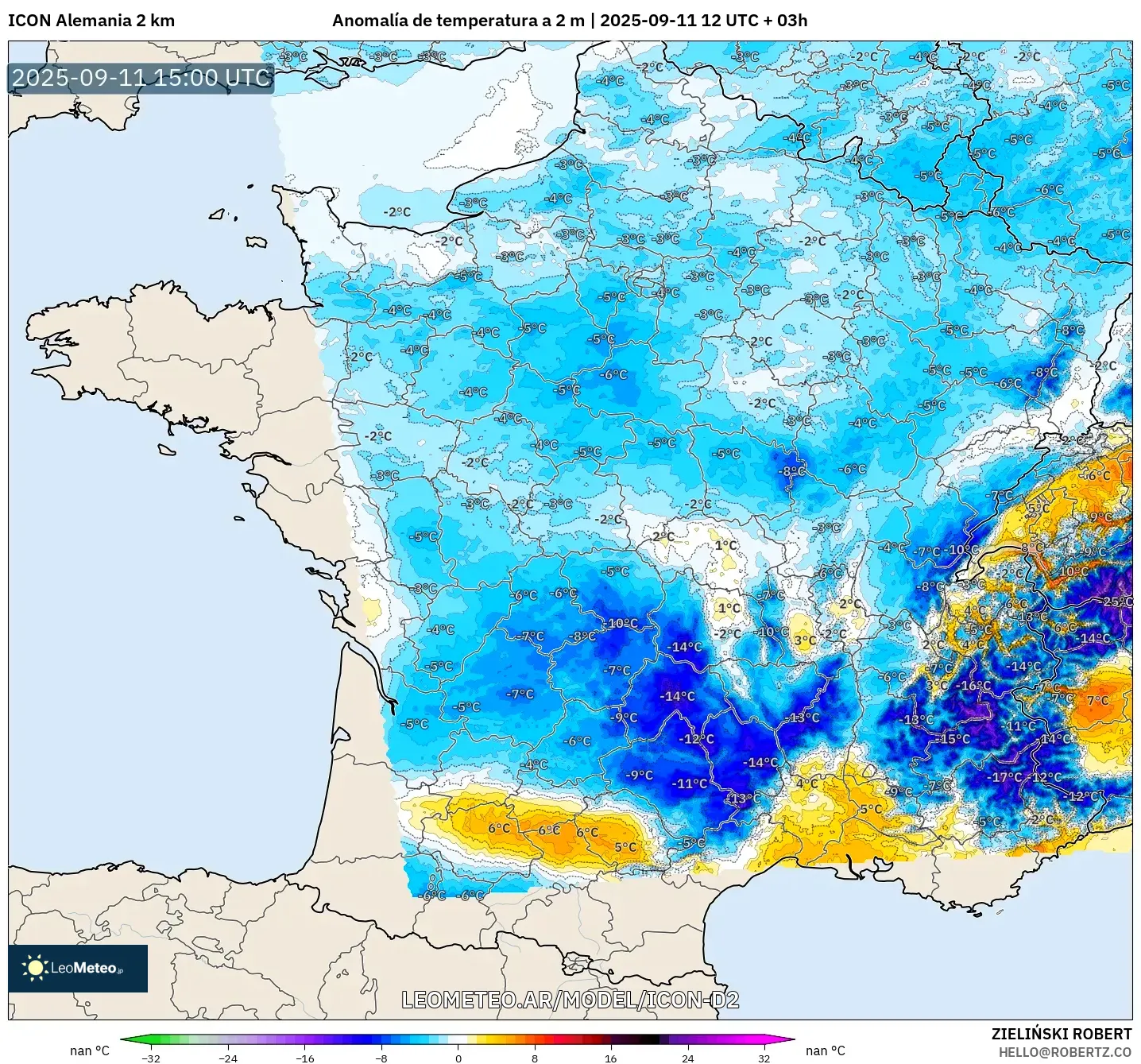 ICON Alemania 2 km model - Francia, Anomalía de temperatura a 2 m