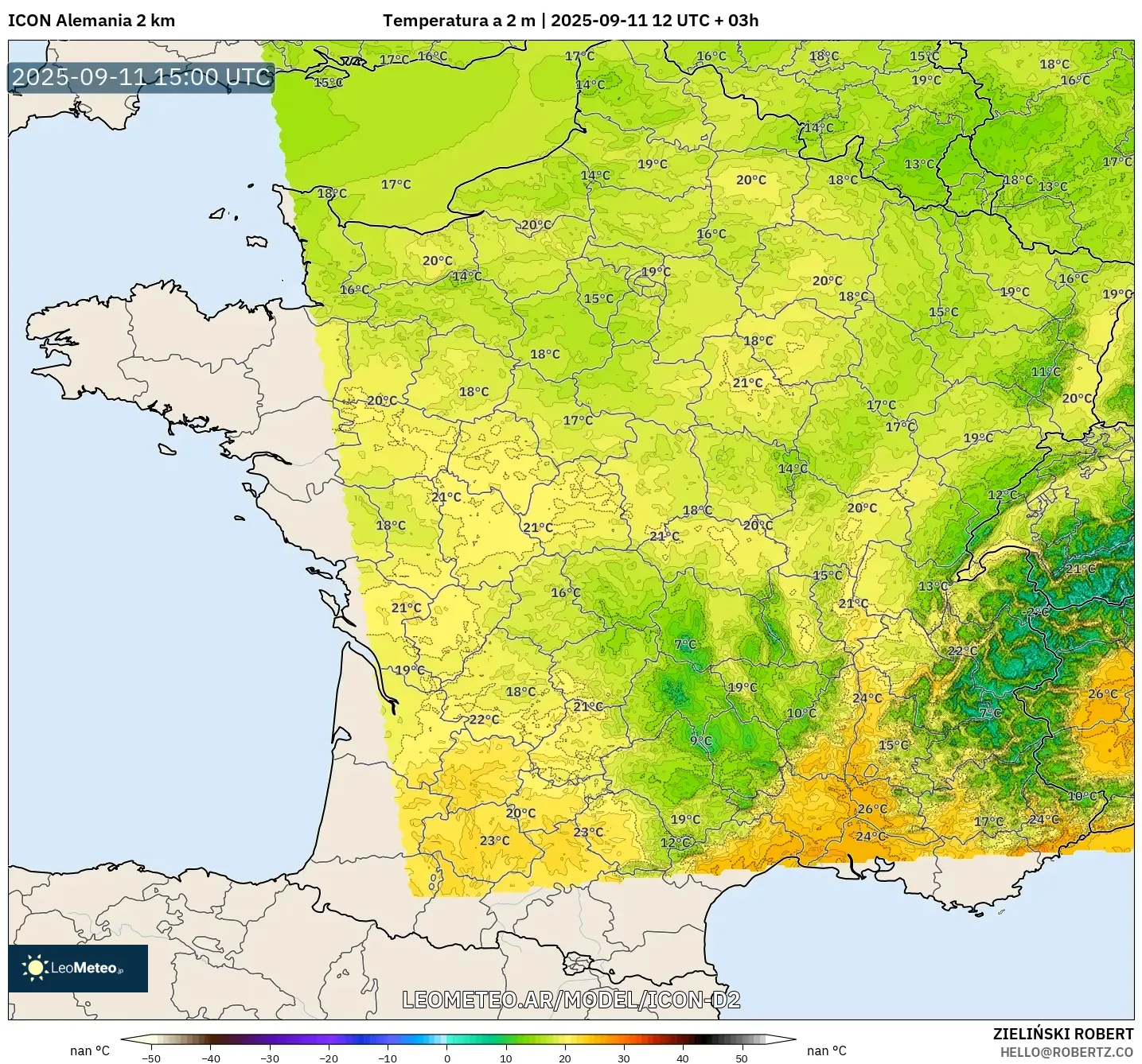 ICON Alemania 2 km model - Francia, Temperatura a 2 m