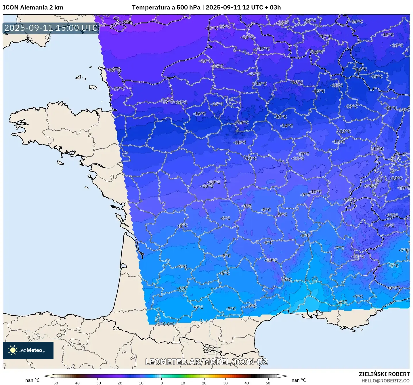 ICON Alemania 2 km model - Francia, Temperatura a 500 hPa