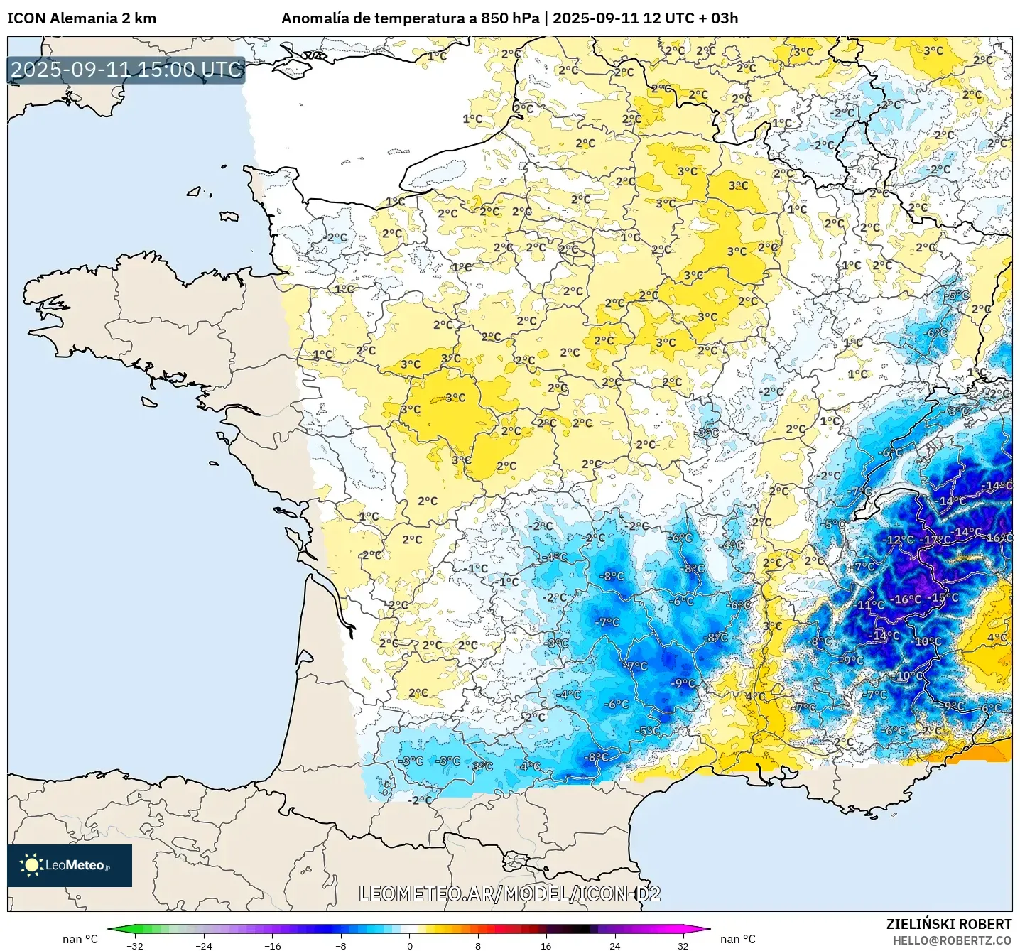 ICON Alemania 2 km model - Francia, Anomalía de temperatura a 850 hPa