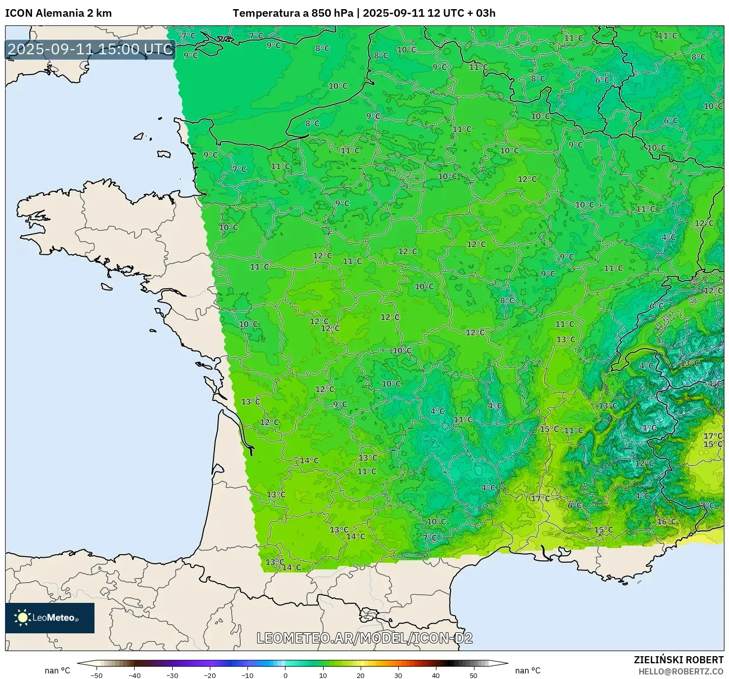 ICON Alemania 2 km model - Francia, Temperatura a 850 hPa