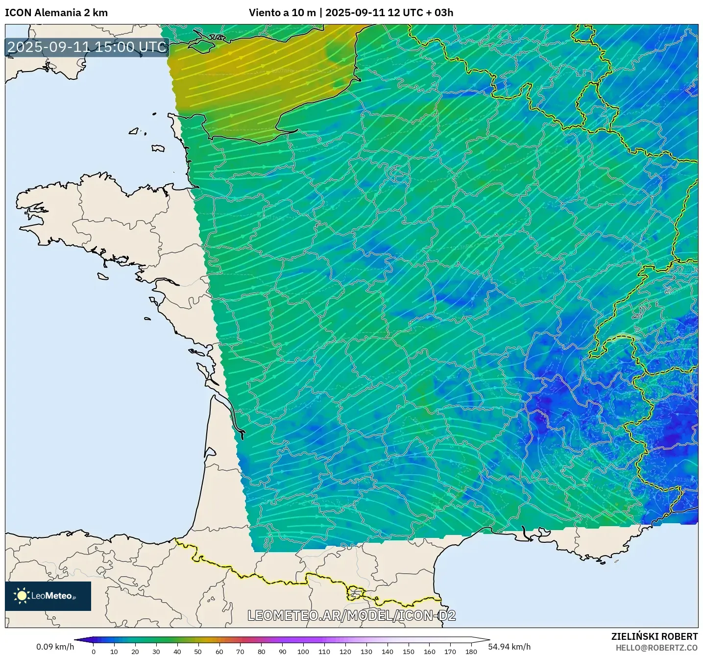 ICON Alemania 2 km model - Francia, Viento a 10 m