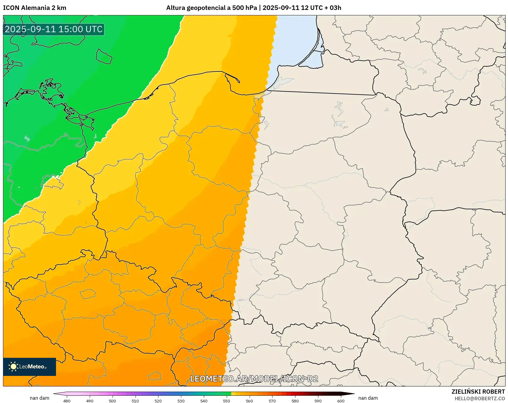 ICON Alemania 2 km model - Polonia, Altura geopotencial a 500 hPa