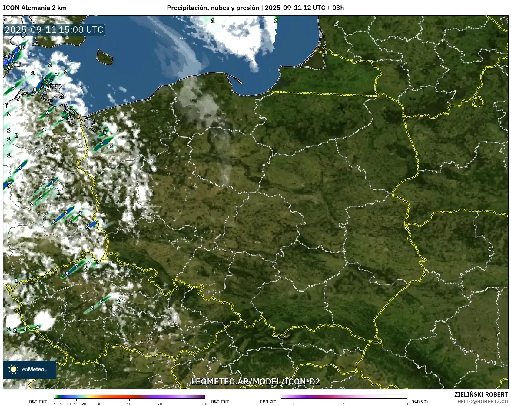 ICON Alemania 2 km model - Polonia, Precipitación, nubes y presión