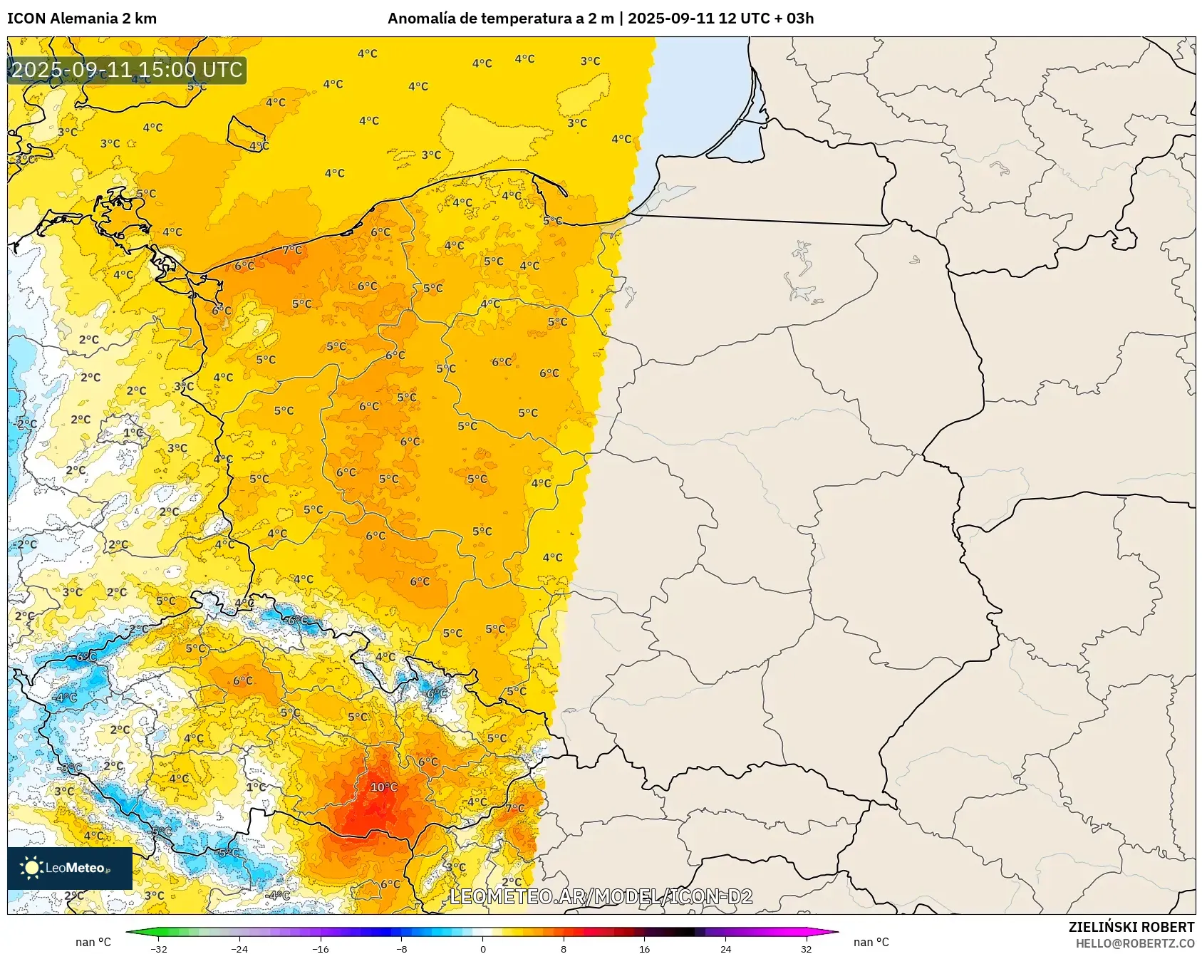 ICON Alemania 2 km model - Polonia, Anomalía de temperatura a 2 m