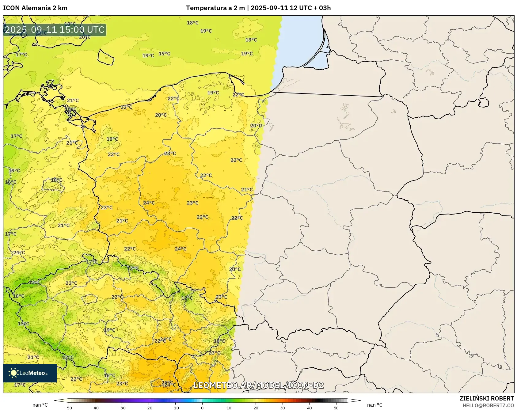 ICON Alemania 2 km model - Polonia, Temperatura a 2 m
