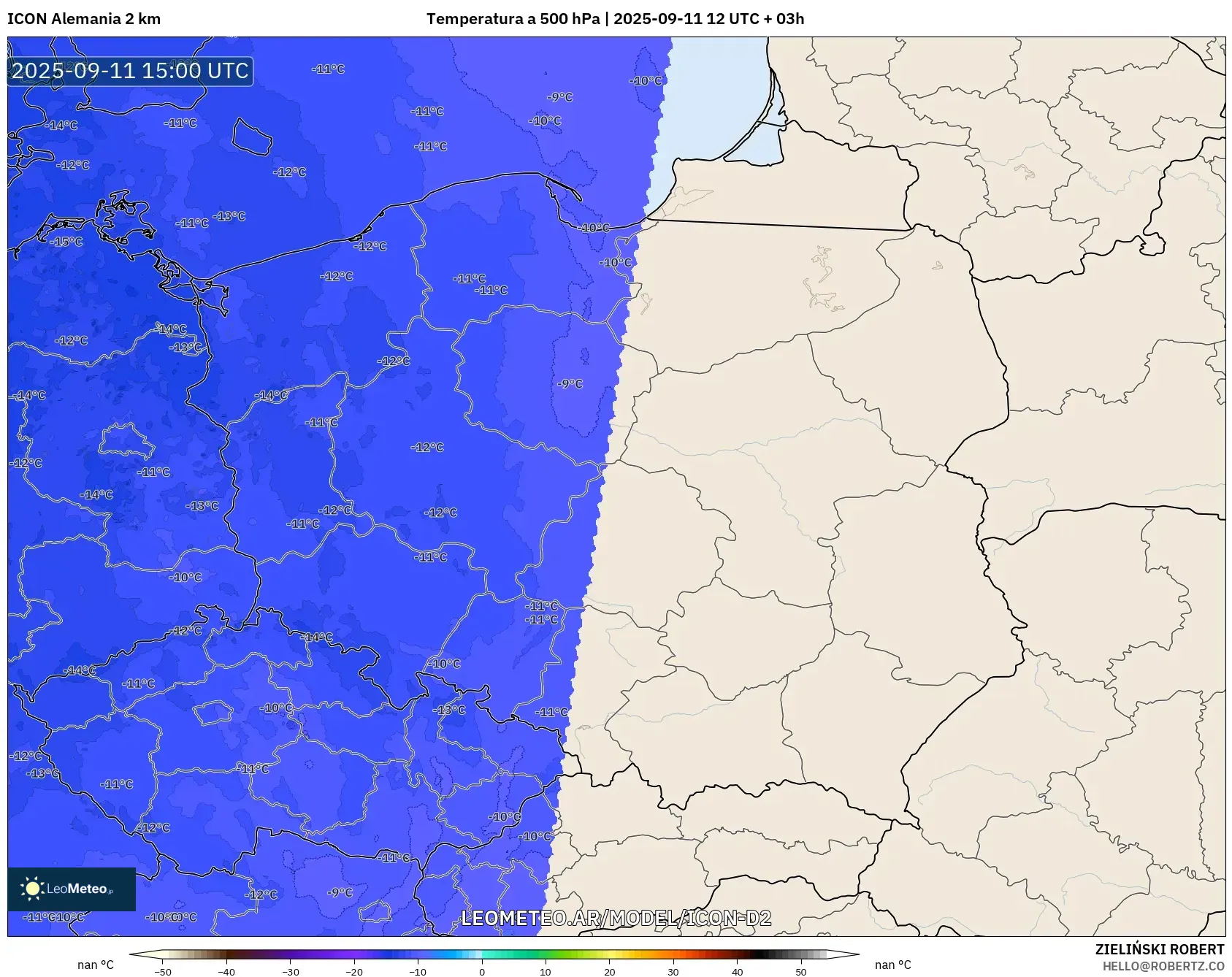 ICON Alemania 2 km model - Polonia, Temperatura a 500 hPa