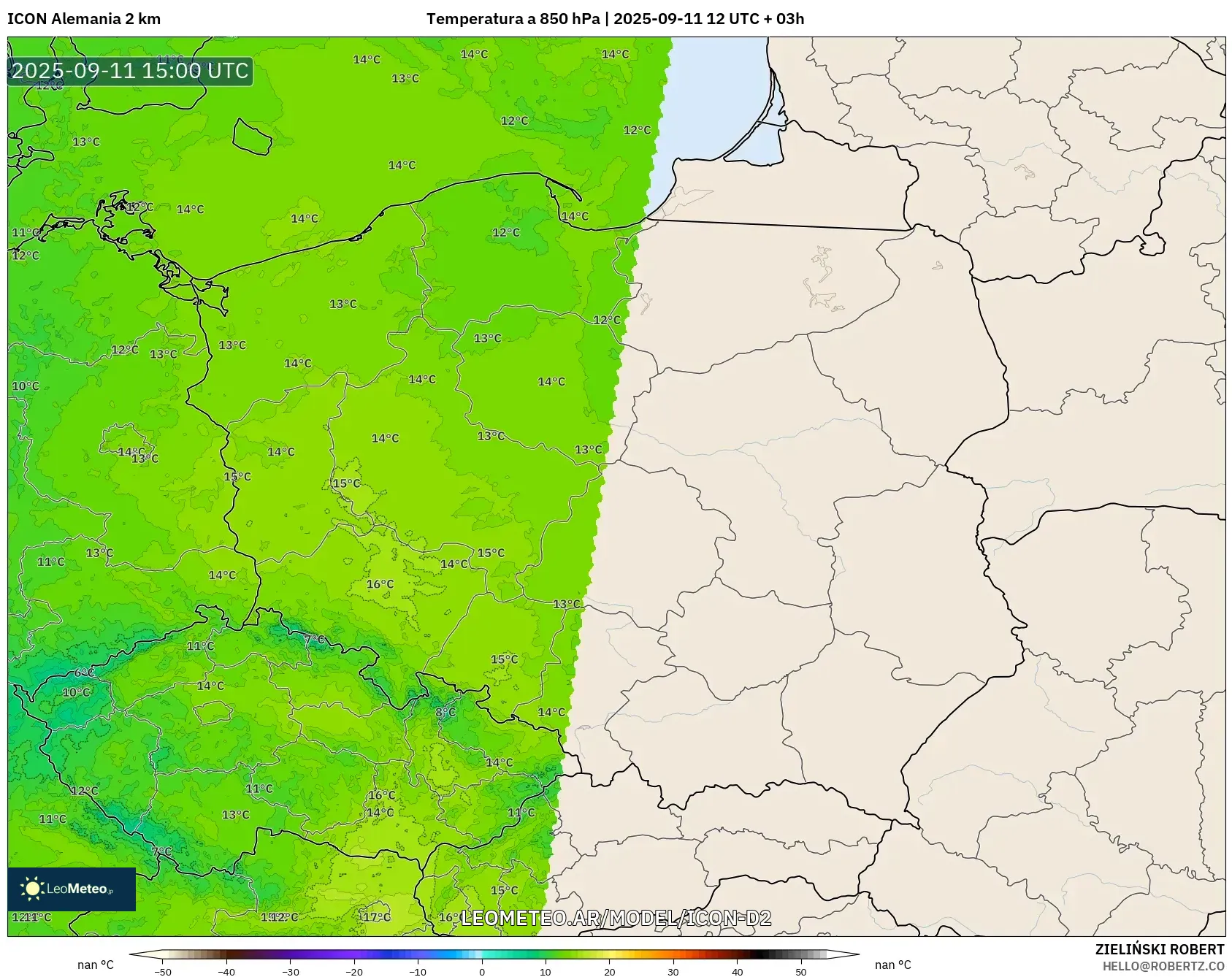 ICON Alemania 2 km model - Polonia, Temperatura a 850 hPa