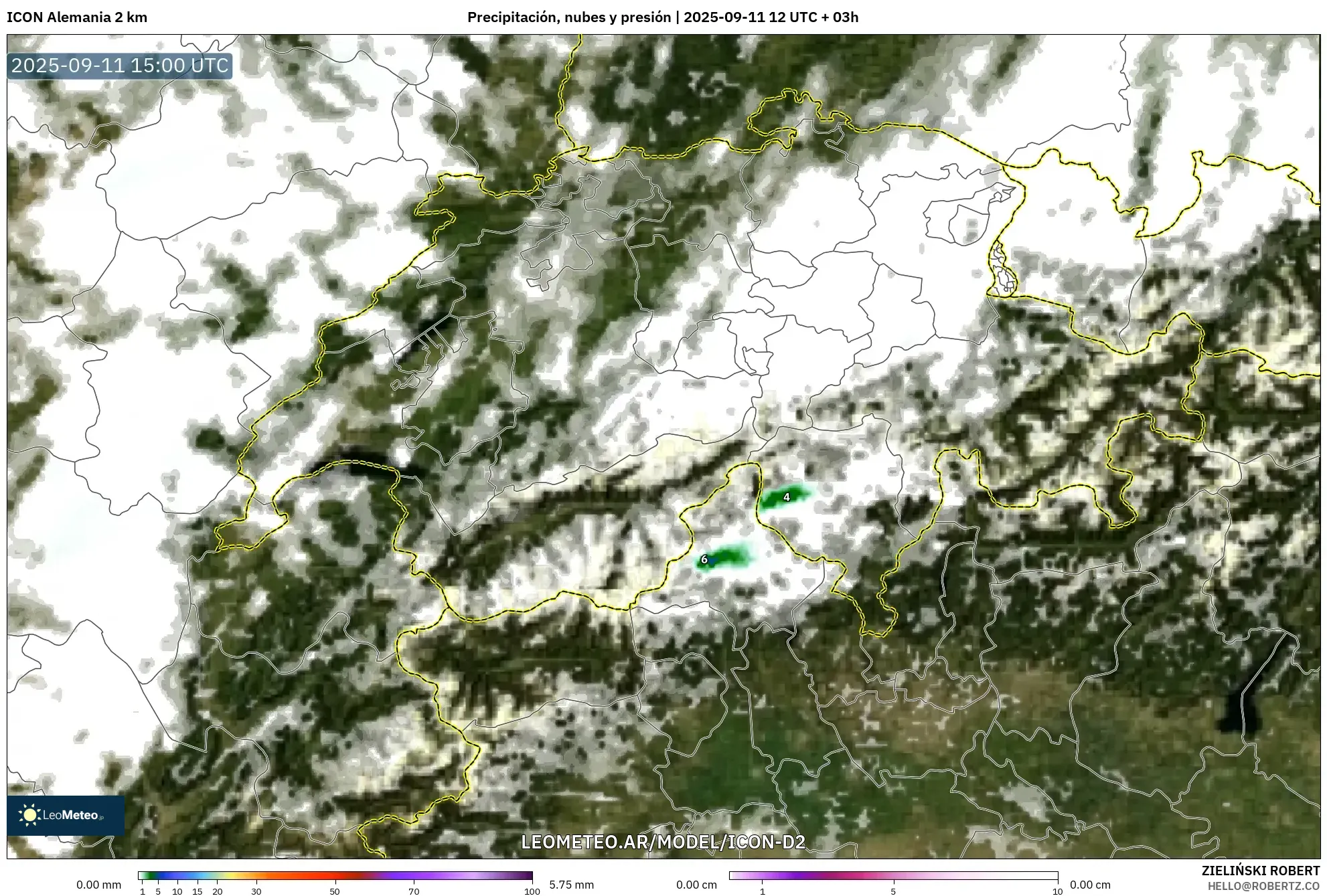 ICON Alemania 2 km model - Suiza, Precipitación, nubes y presión ICON Alemania 2 km model - Suiza, Precipitación, nubes y presión