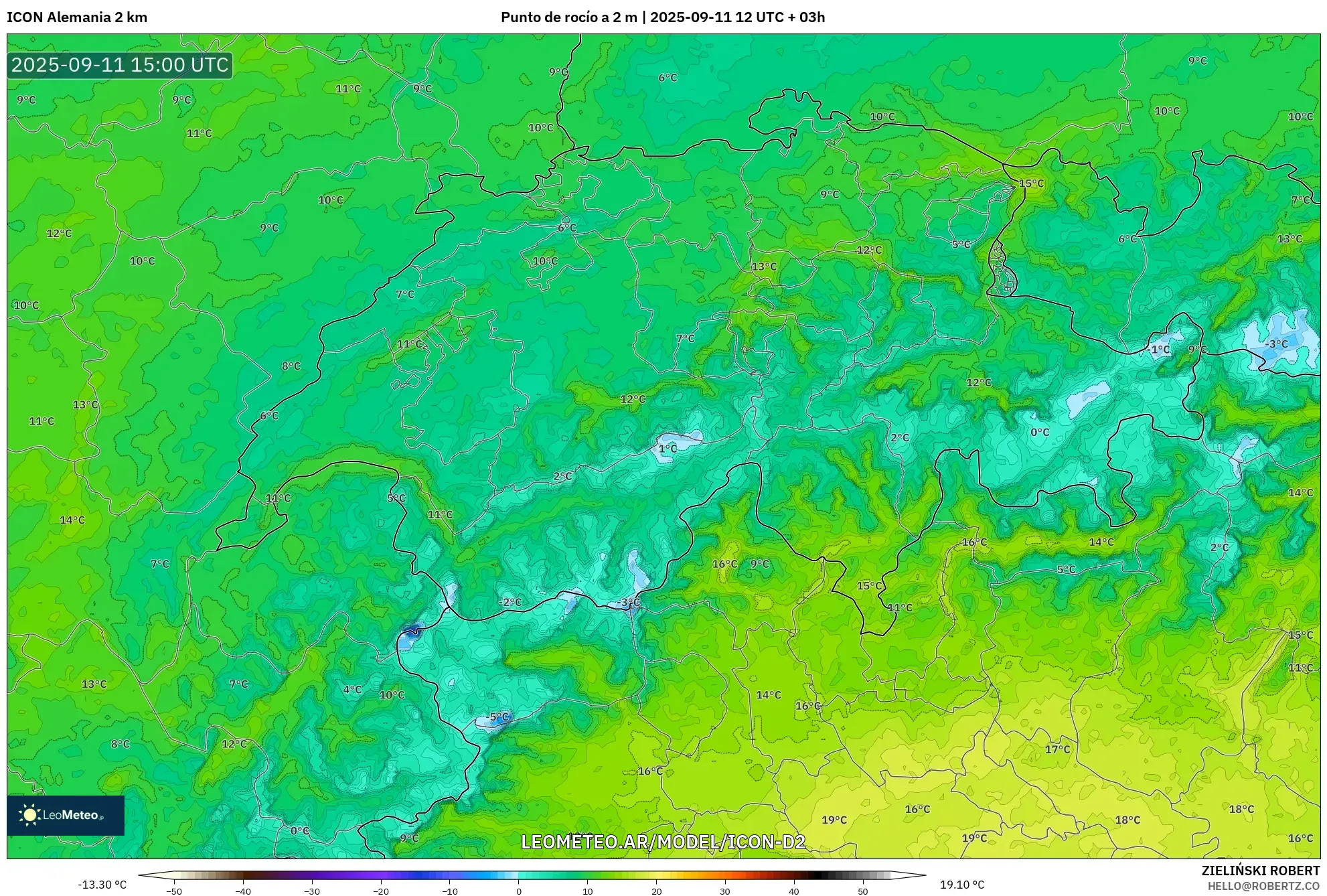 ICON Alemania 2 km model - Suiza, Punto de rocío a 2 m