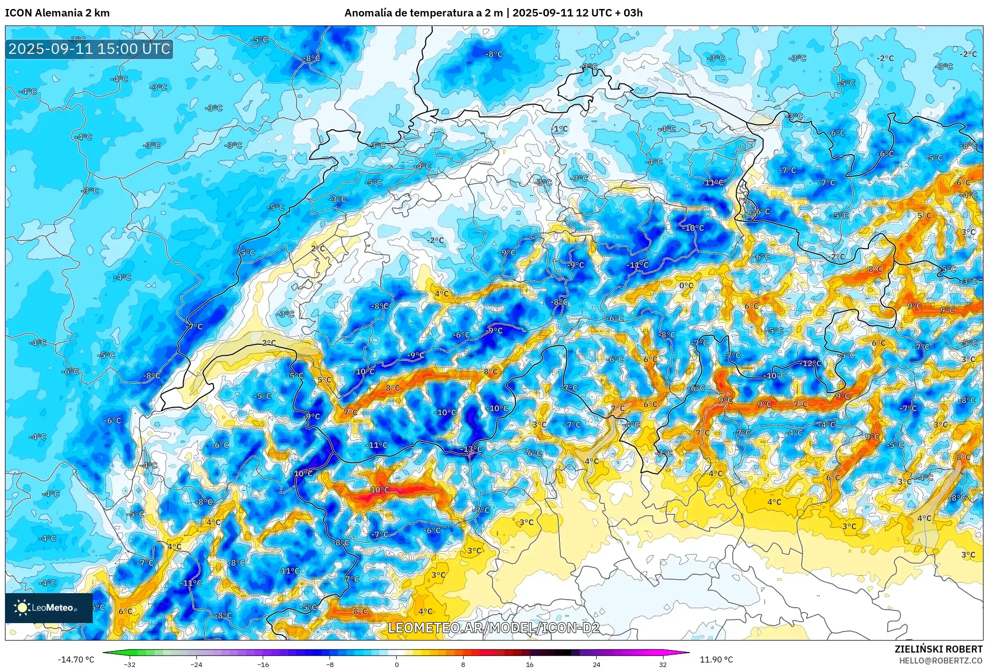 ICON Alemania 2 km model - Suiza, Anomalía de temperatura a 2 m ICON Alemania 2 km model - Suiza, Anomalía de temperatura a 2 m