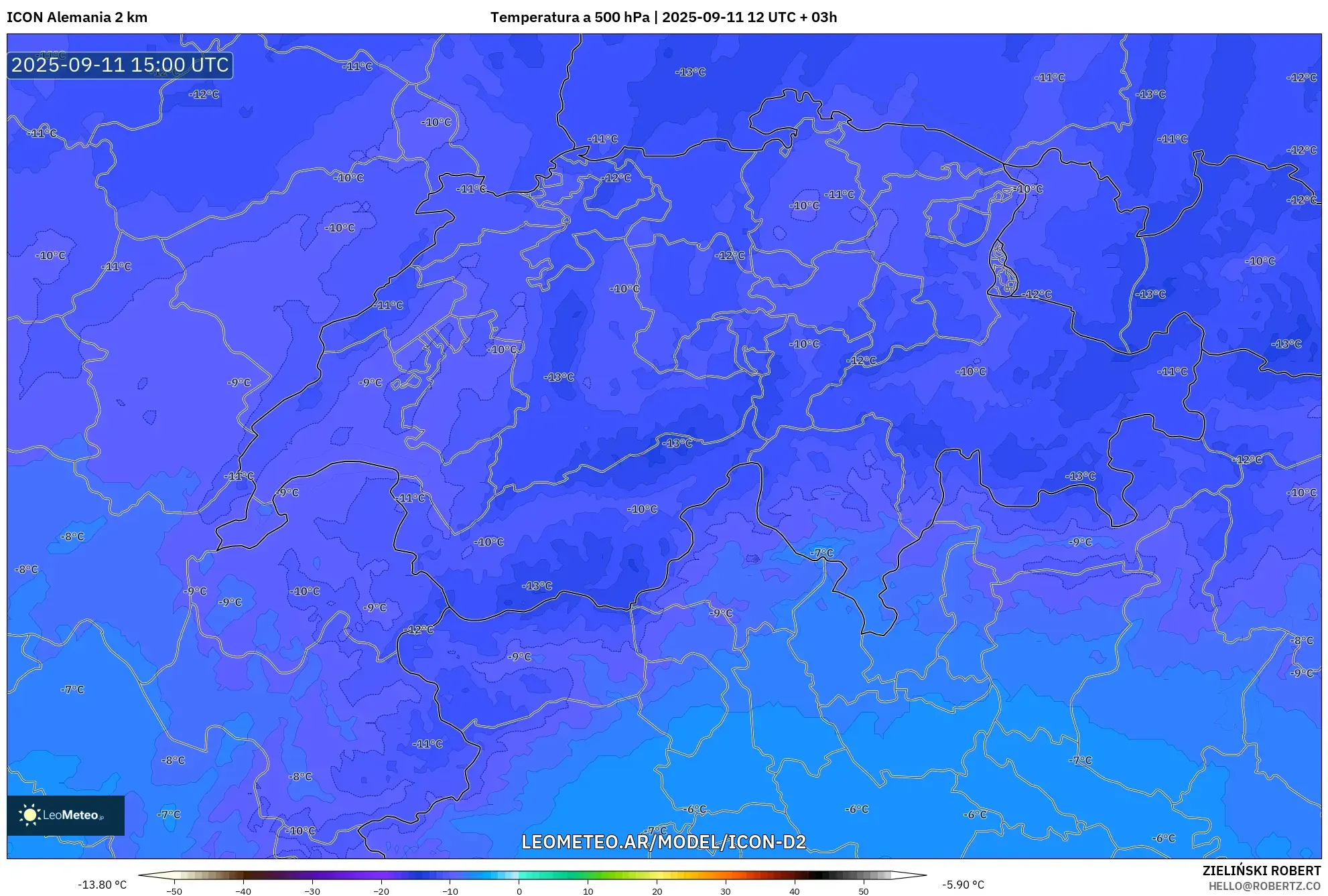 ICON Alemania 2 km model - Suiza, Temperatura a 500 hPa