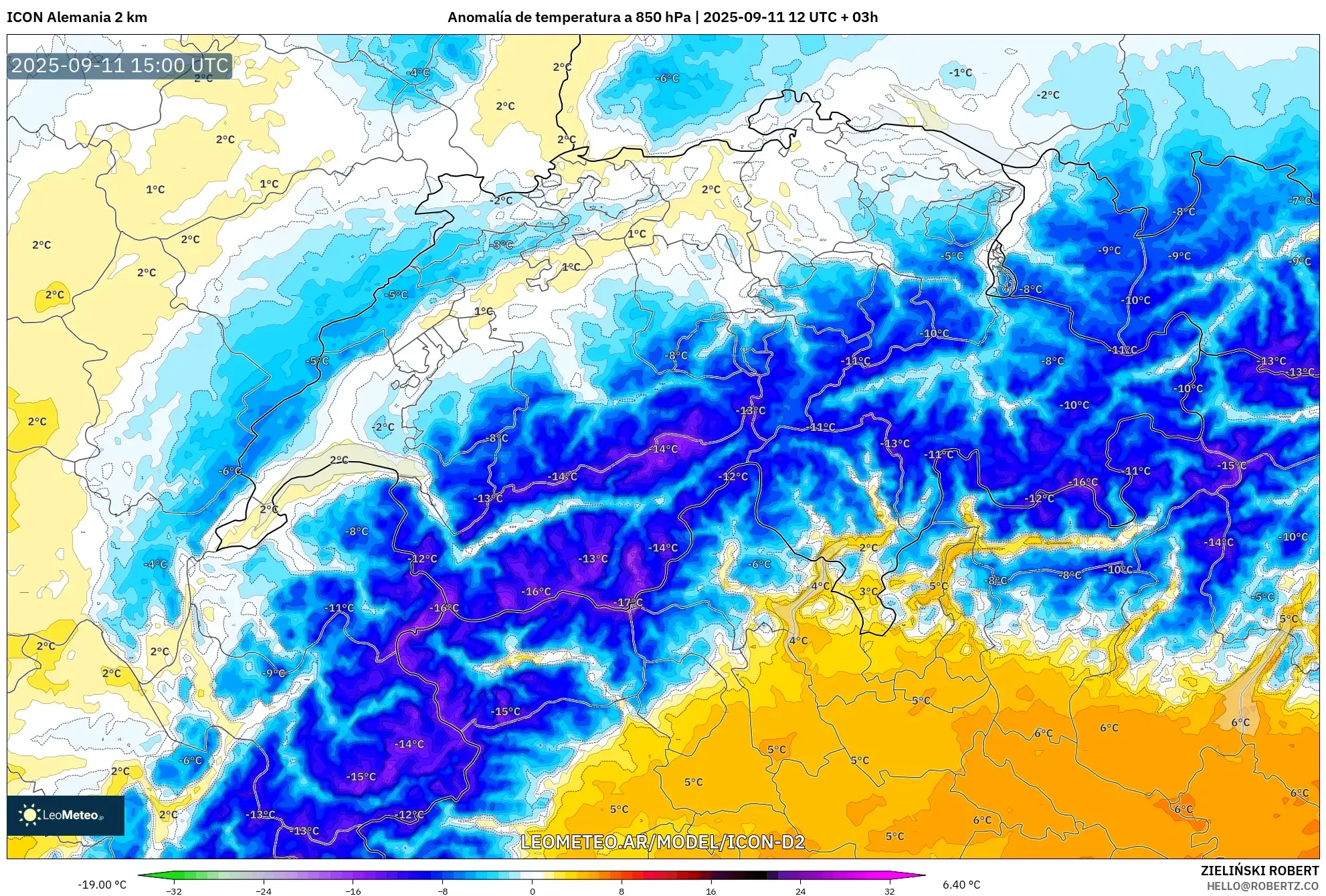 ICON Alemania 2 km model - Suiza, Anomalía de temperatura a 850 hPa