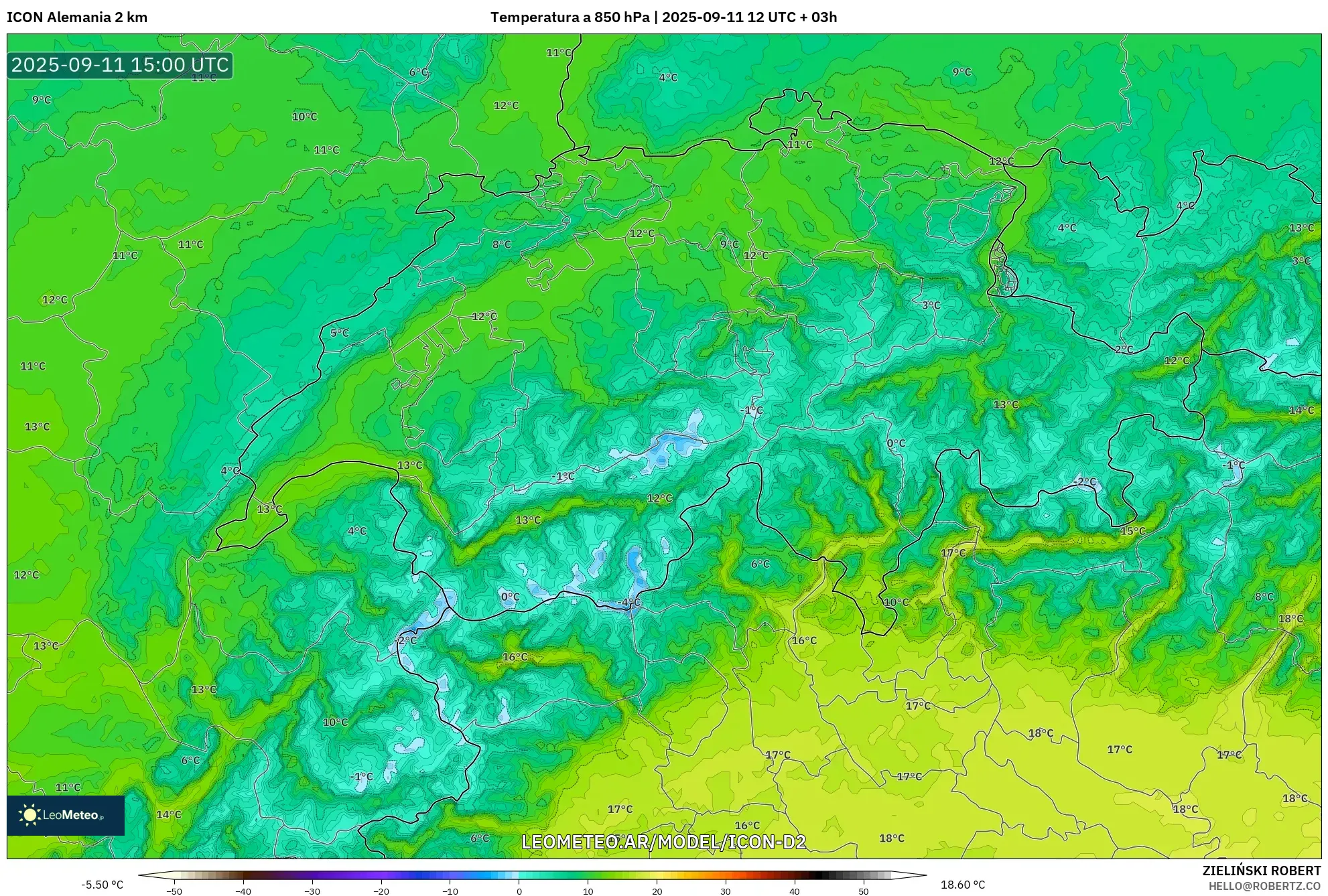 ICON Alemania 2 km model - Suiza, Temperatura a 850 hPa