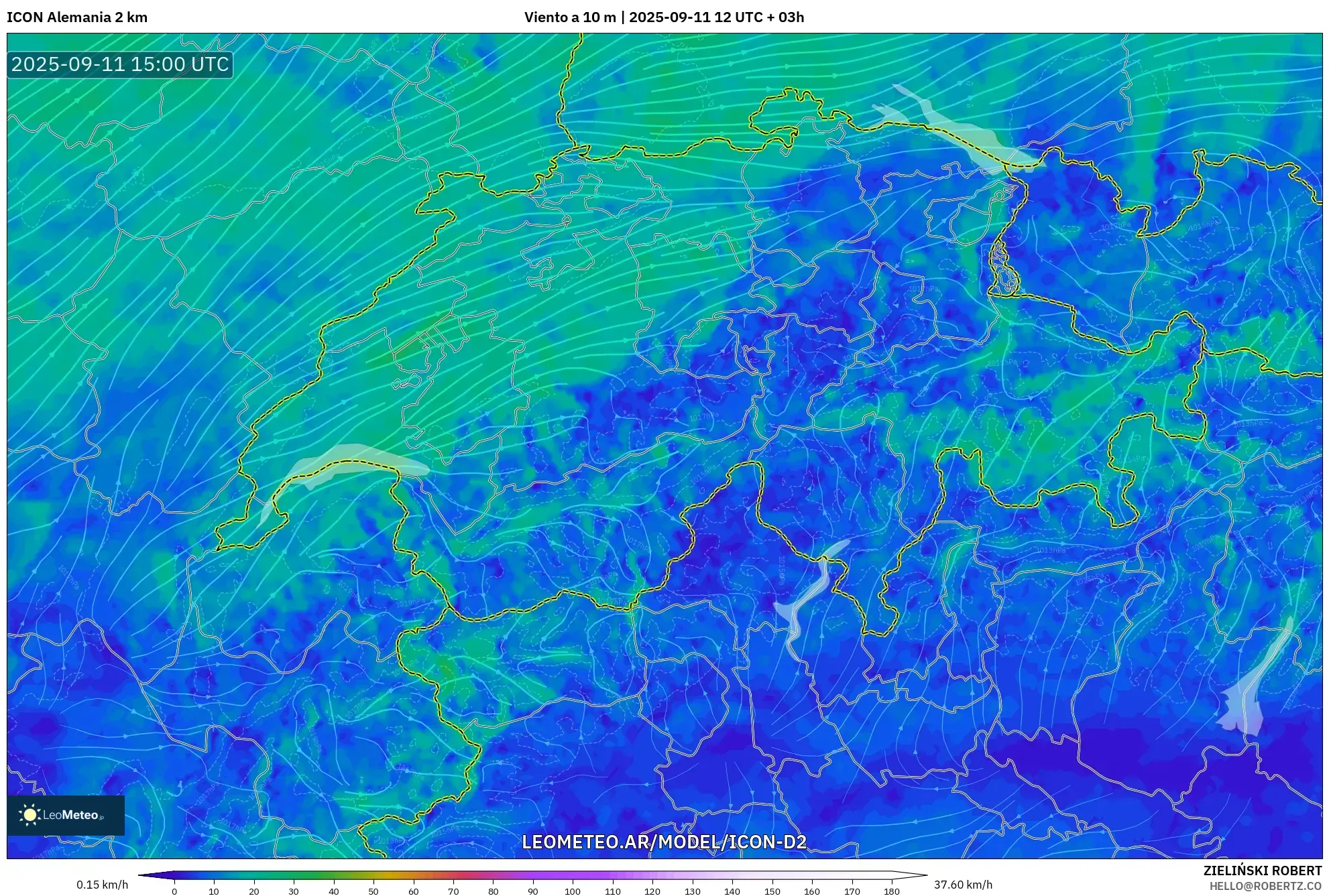 ICON Alemania 2 km model - Suiza, Viento a 10 m ICON Alemania 2 km model - Suiza, Viento a 10 m