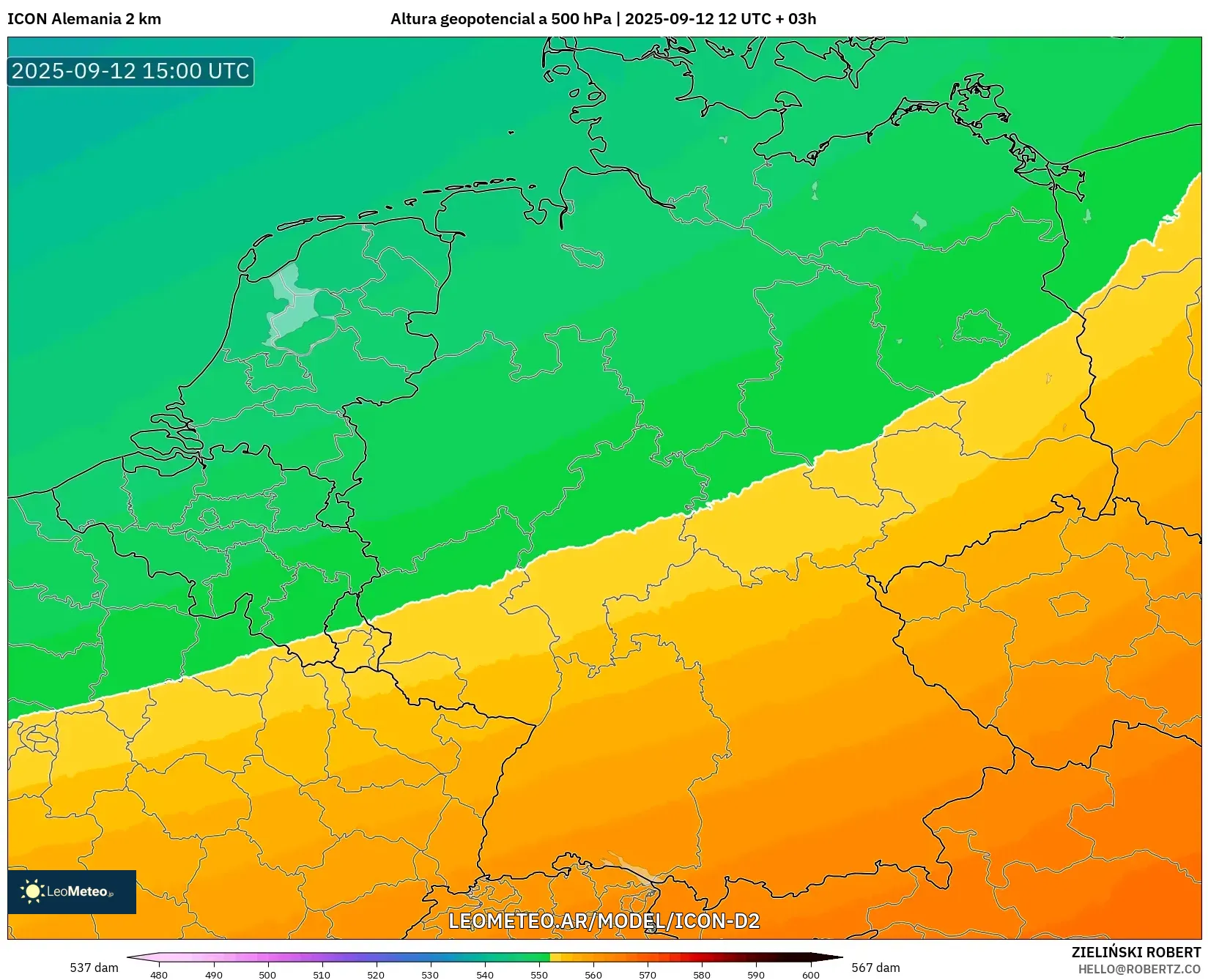 ICON Alemania 2 km model - Alemania, Altura geopotencial a 500 hPa