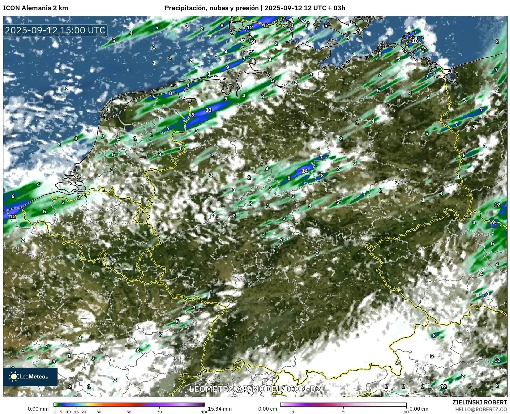 ICON Alemania 2 km model - Alemania, Precipitación, nubes y presión ICON Alemania 2 km model - Alemania, Precipitación, nubes y presión