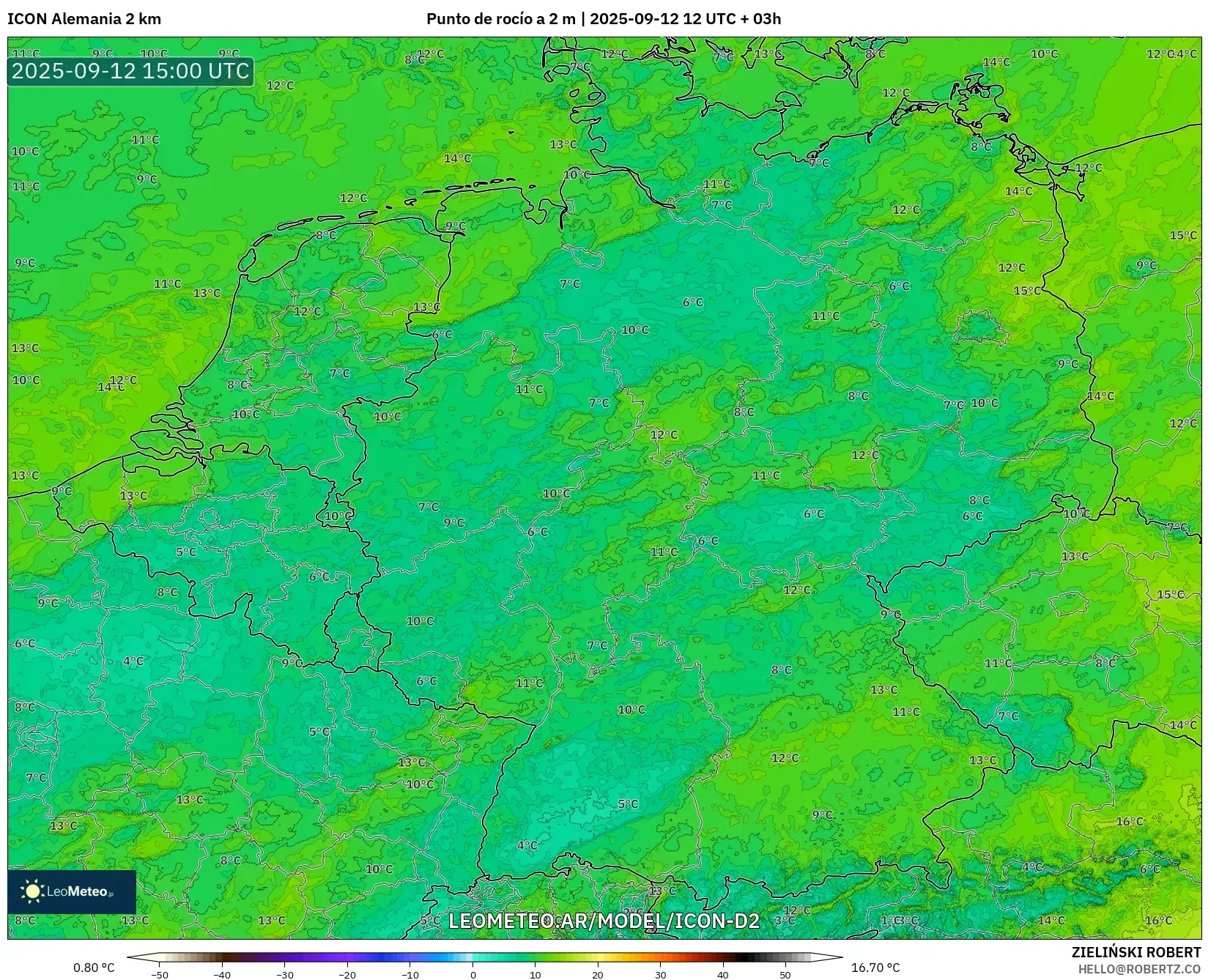 ICON Alemania 2 km model - Alemania, Punto de rocío a 2 m ICON Alemania 2 km model - Alemania, Punto de rocío a 2 m