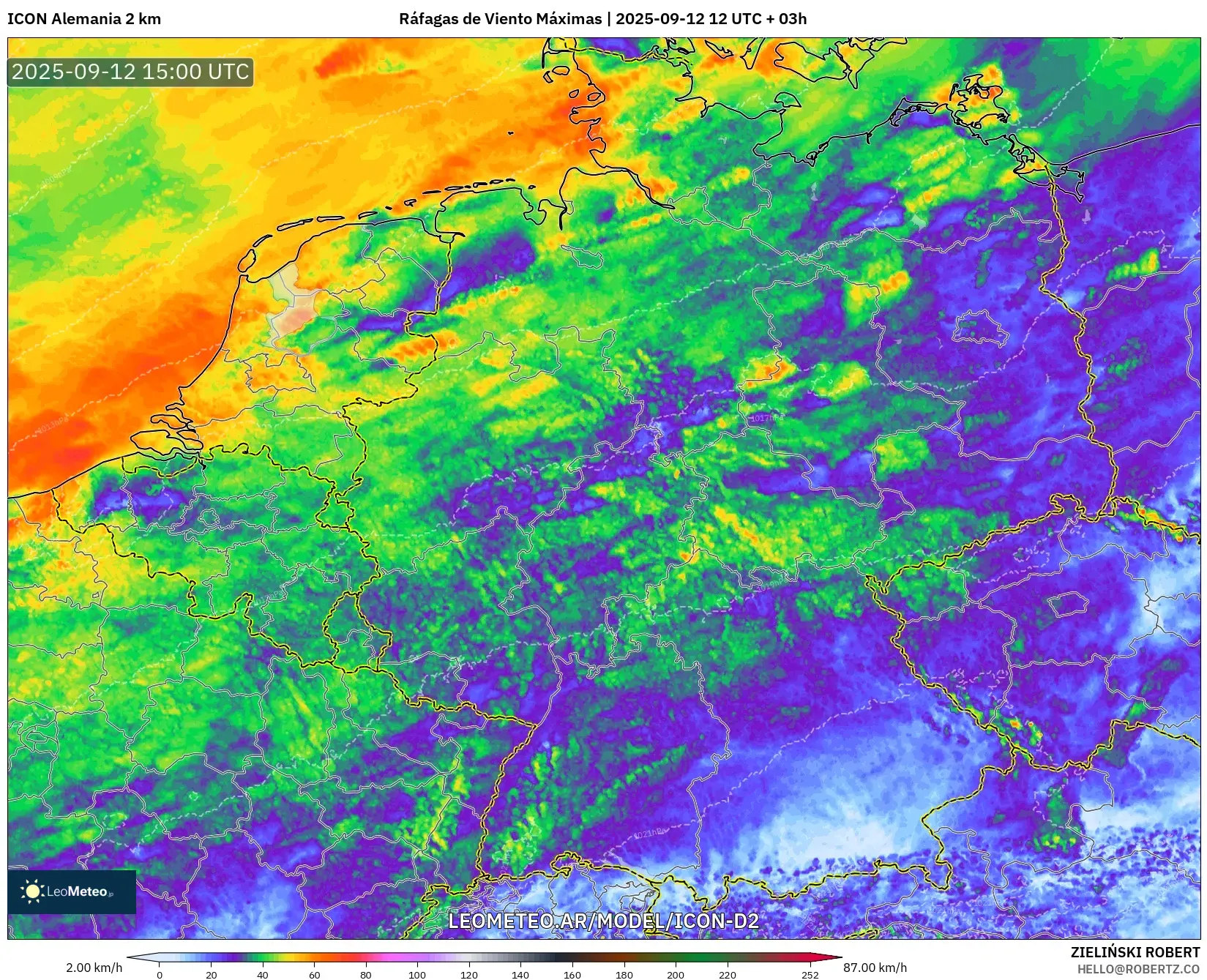 ICON Alemania 2 km model - Alemania, Ráfagas de Viento Máximas