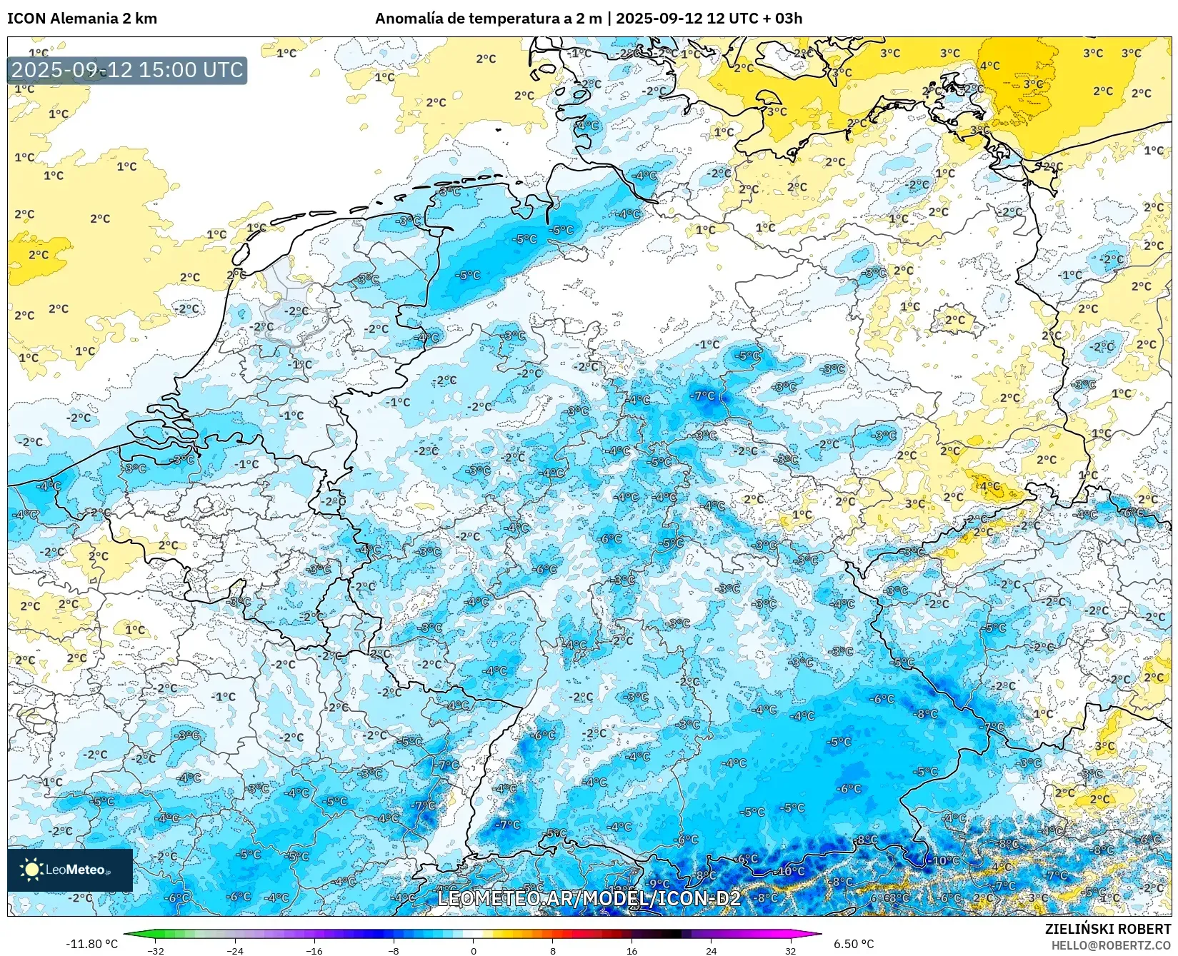 ICON Alemania 2 km model - Alemania, Anomalía de temperatura a 2 m