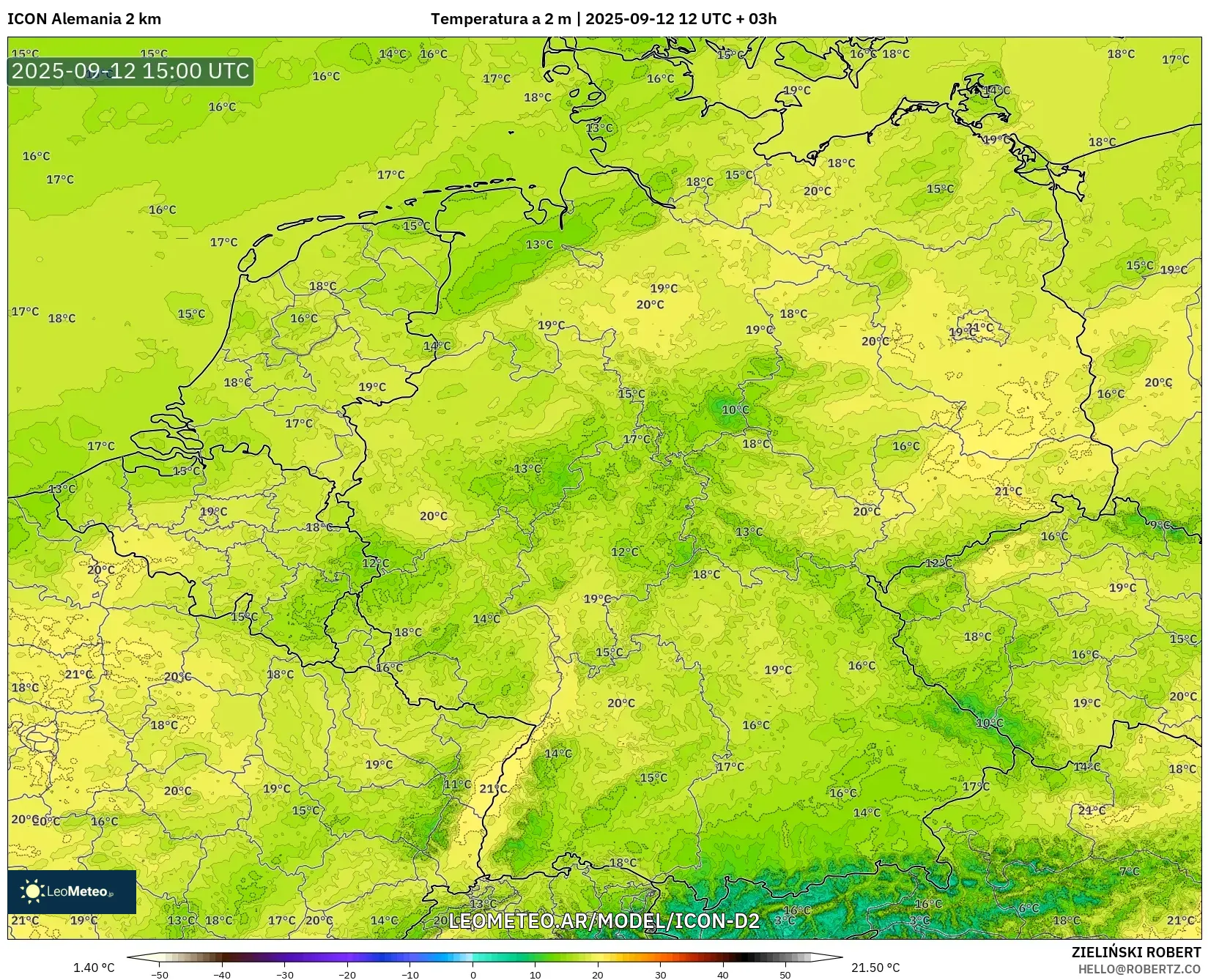 ICON Alemania 2 km model - Alemania, Temperatura a 2 m ICON Alemania 2 km model - Alemania, Temperatura a 2 m