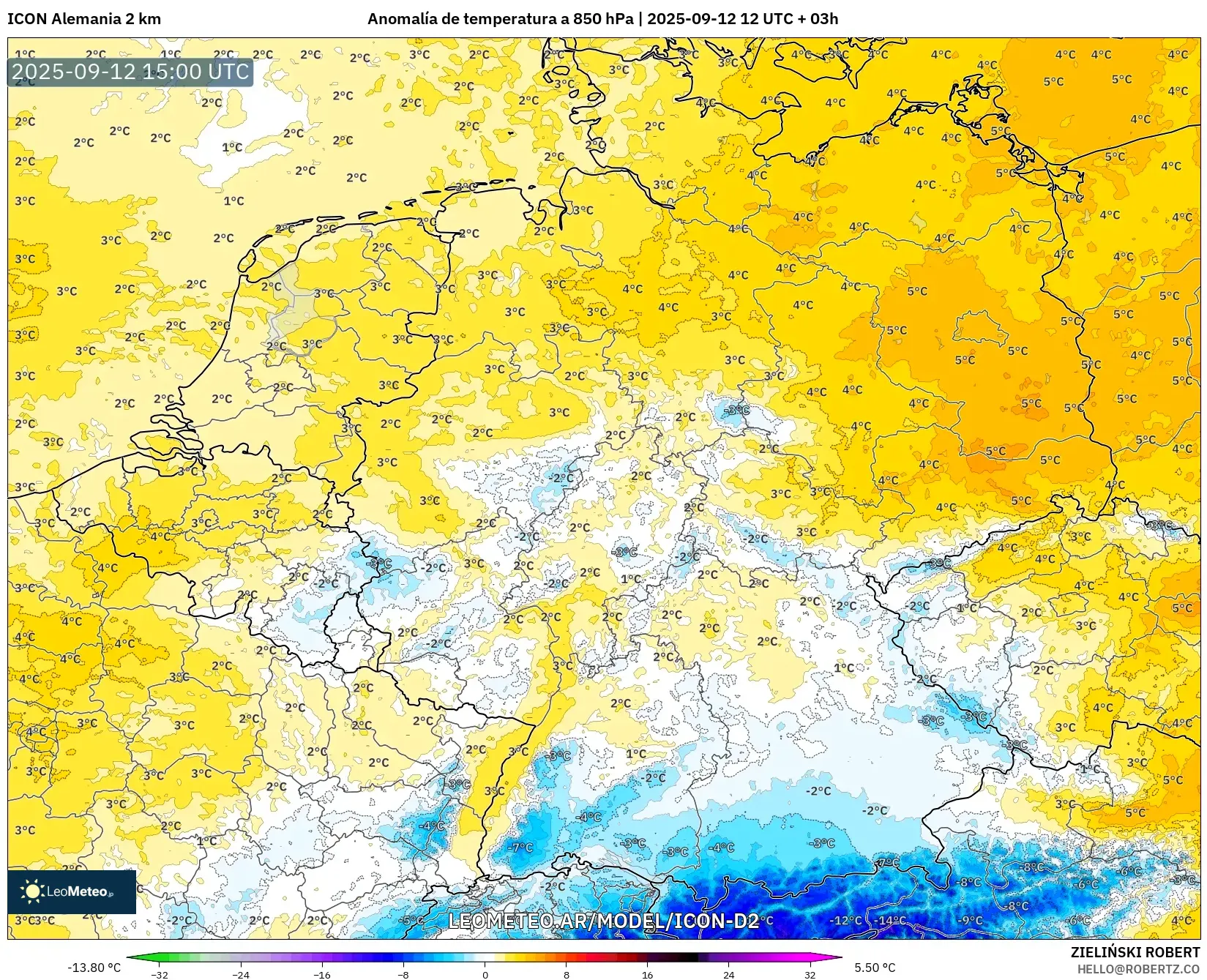ICON Alemania 2 km model - Alemania, Anomalía de temperatura a 850 hPa ICON Alemania 2 km model - Alemania, Anomalía de temperatura a 850 hPa