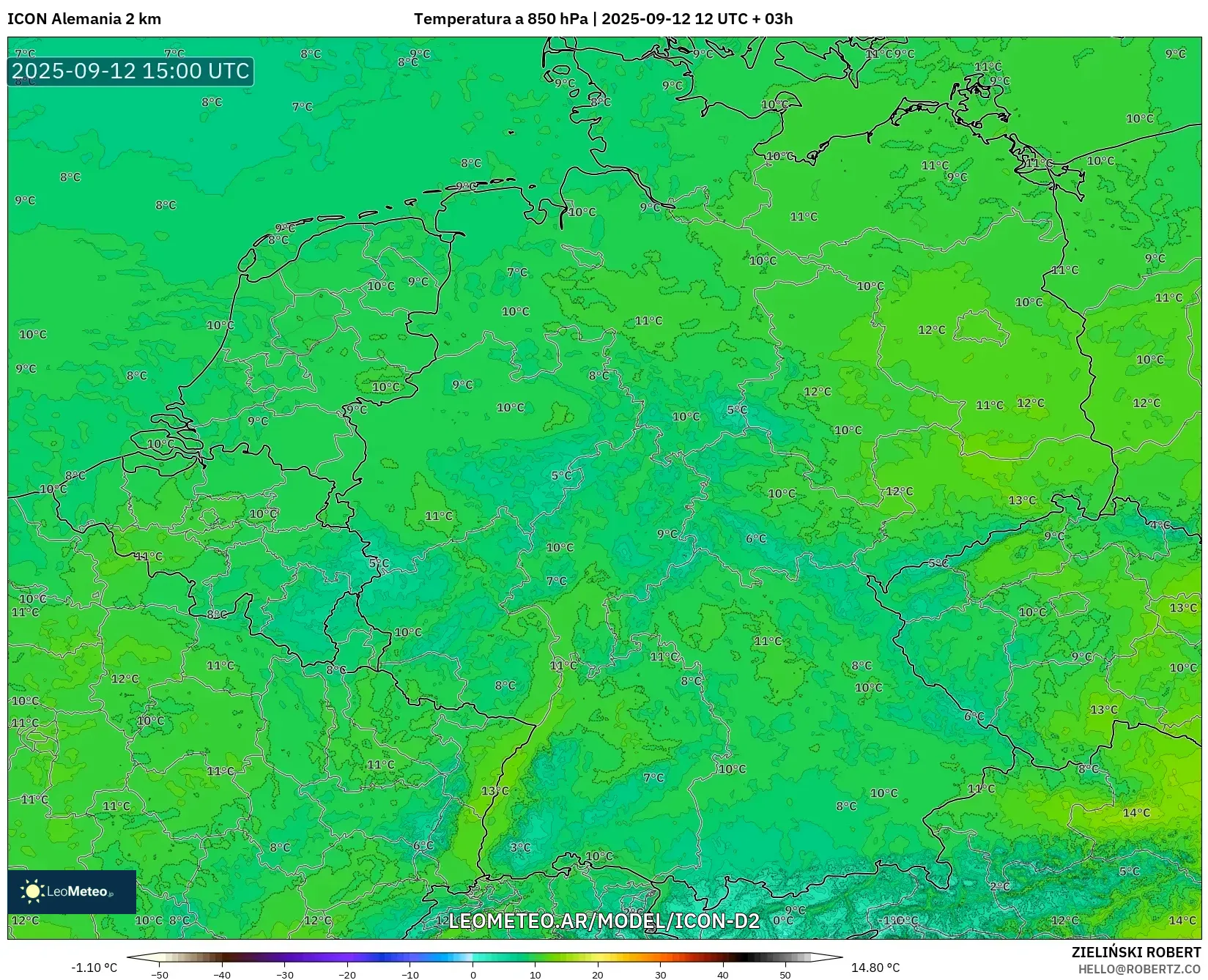 ICON Alemania 2 km model - Alemania, Temperatura a 850 hPa ICON Alemania 2 km model - Alemania, Temperatura a 850 hPa