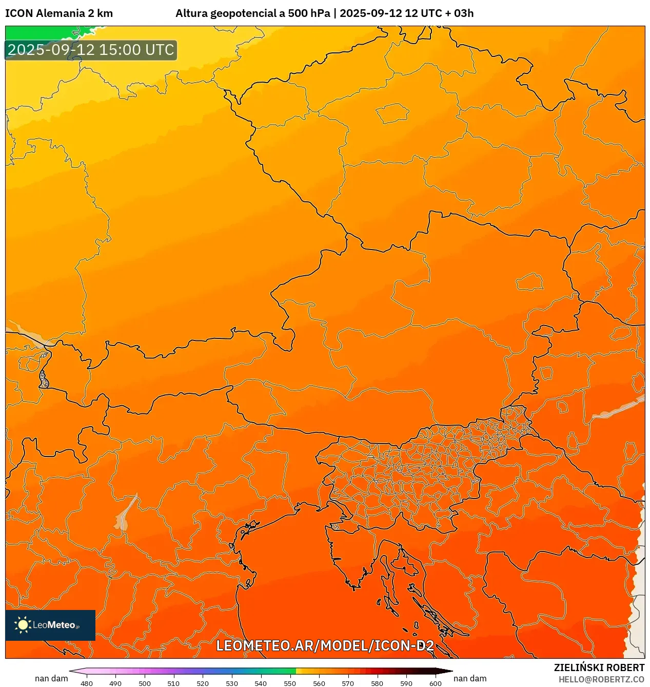 ICON Alemania 2 km model - Austria, Altura geopotencial a 500 hPa