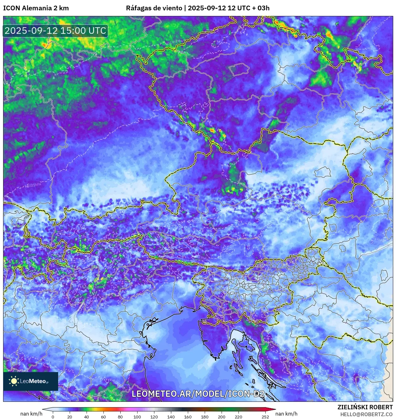 ICON Alemania 2 km model - Austria, Ráfagas de viento
