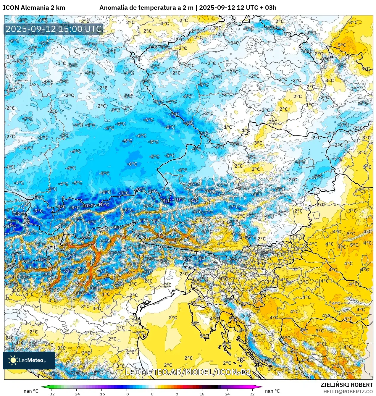 ICON Alemania 2 km model - Austria, Anomalía de temperatura a 2 m
