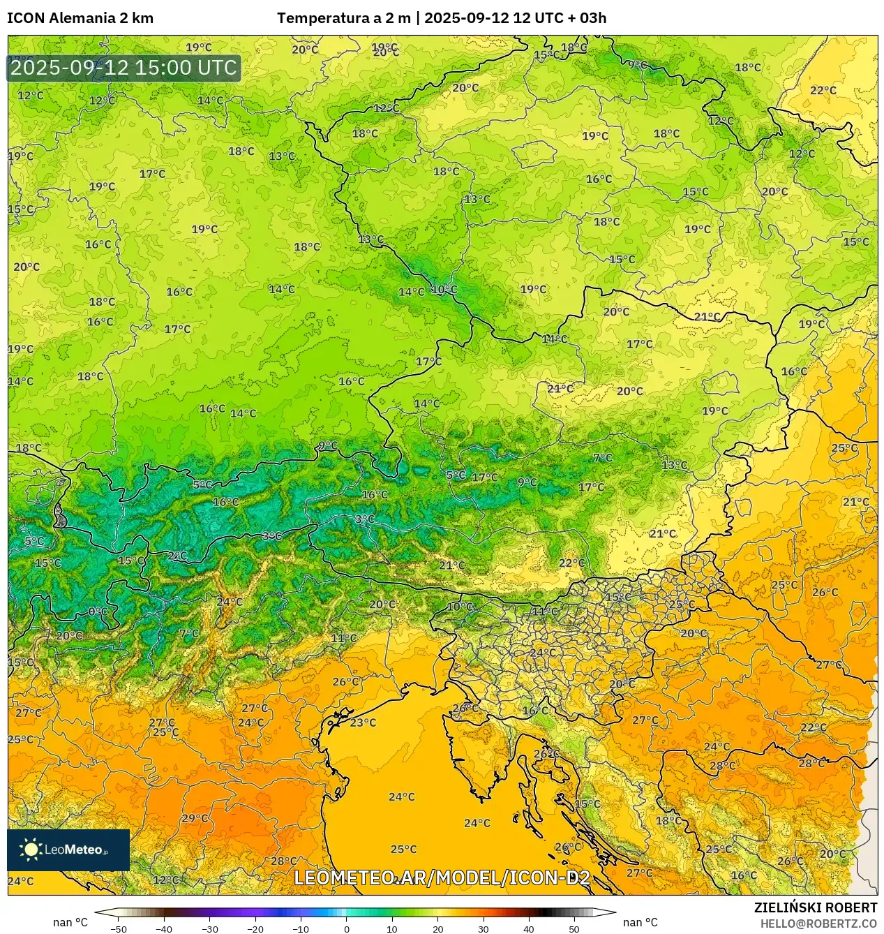 ICON Alemania 2 km model - Austria, Temperatura a 2 m