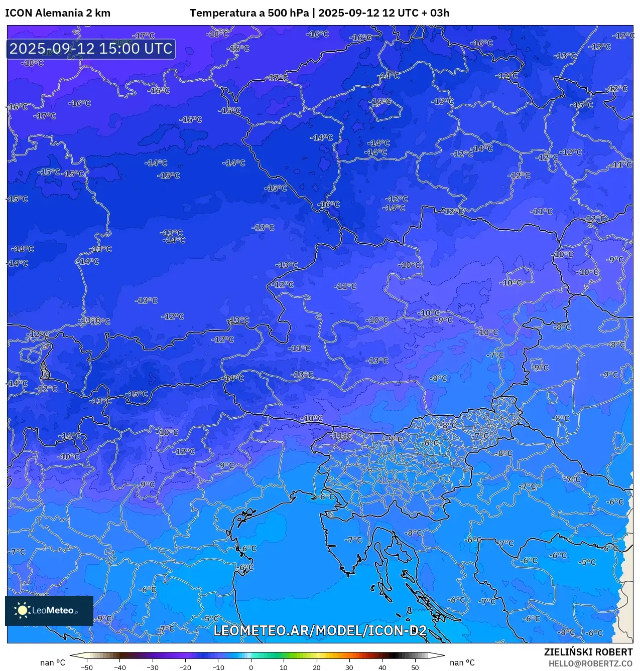 ICON Alemania 2 km model - Austria, Temperatura a 500 hPa ICON Alemania 2 km model - Austria, Temperatura a 500 hPa