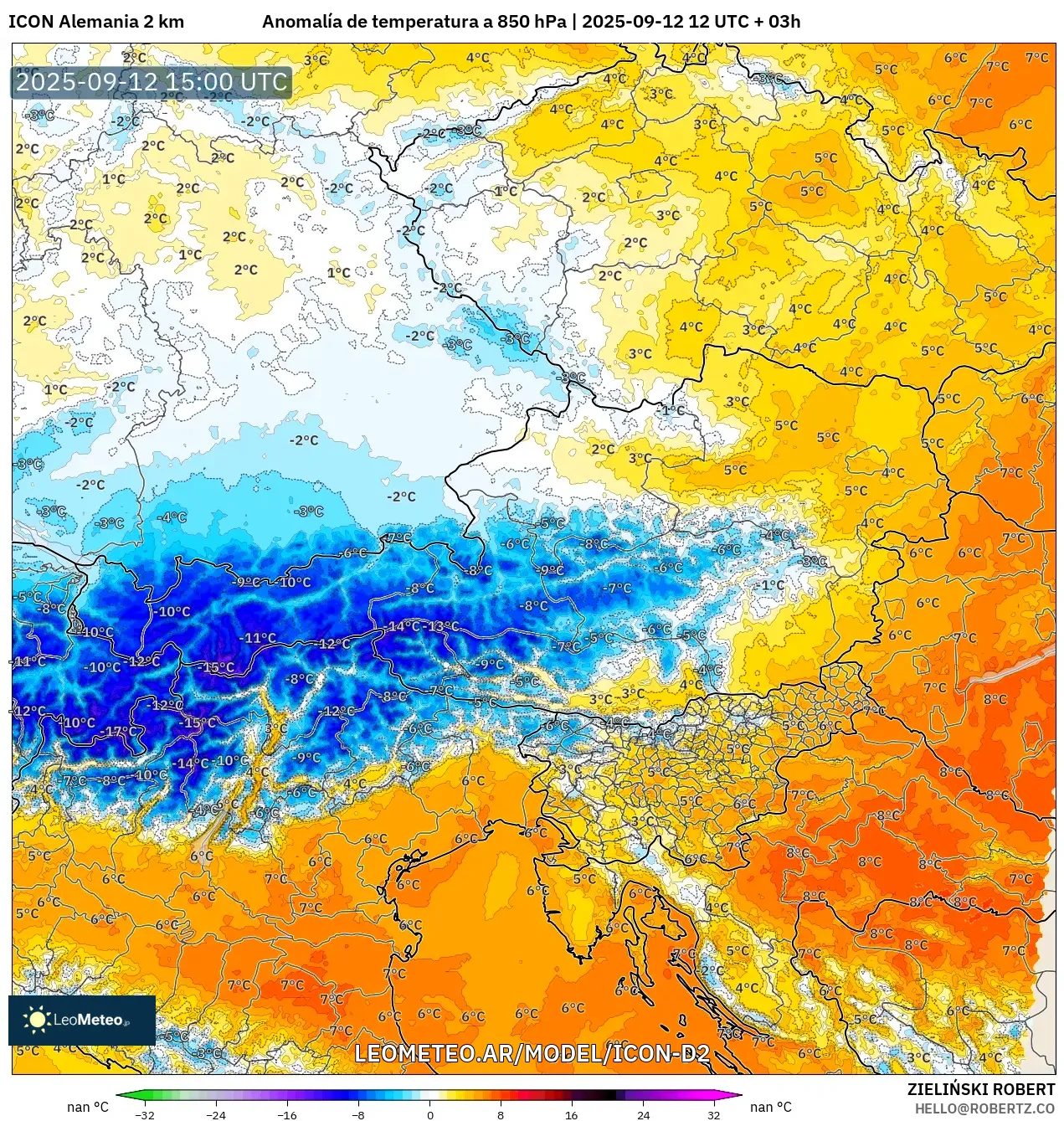 ICON Alemania 2 km model - Austria, Anomalía de temperatura a 850 hPa