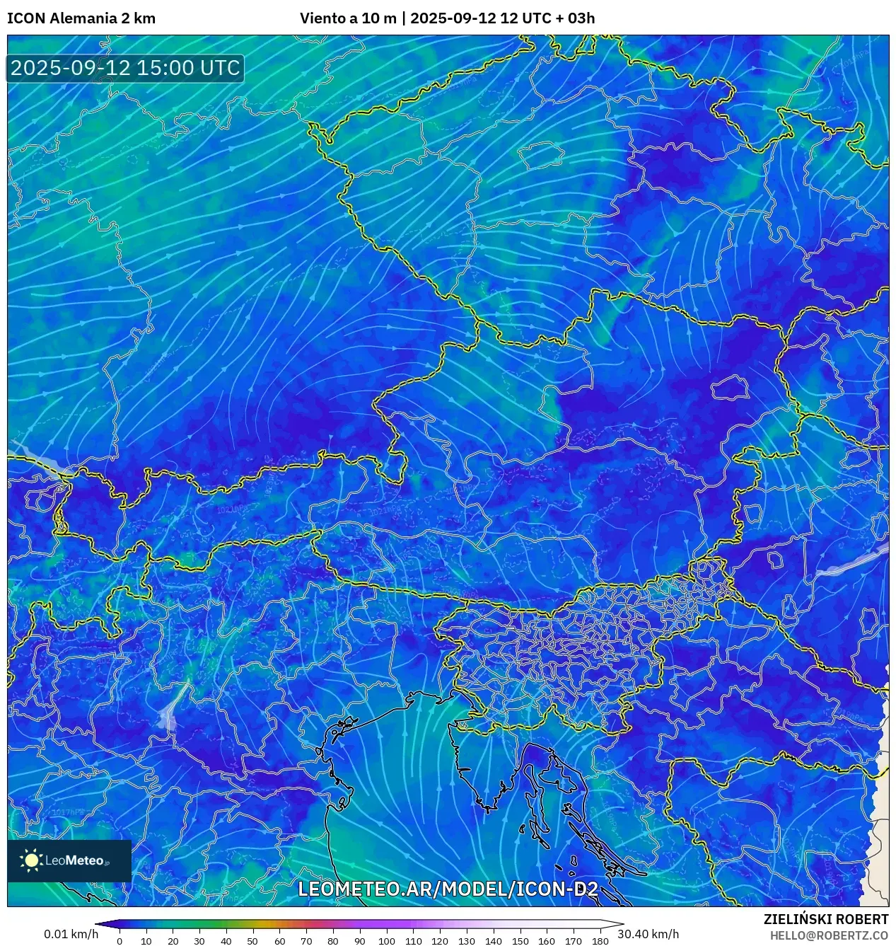ICON Alemania 2 km model - Austria, Viento a 10 m ICON Alemania 2 km model - Austria, Viento a 10 m